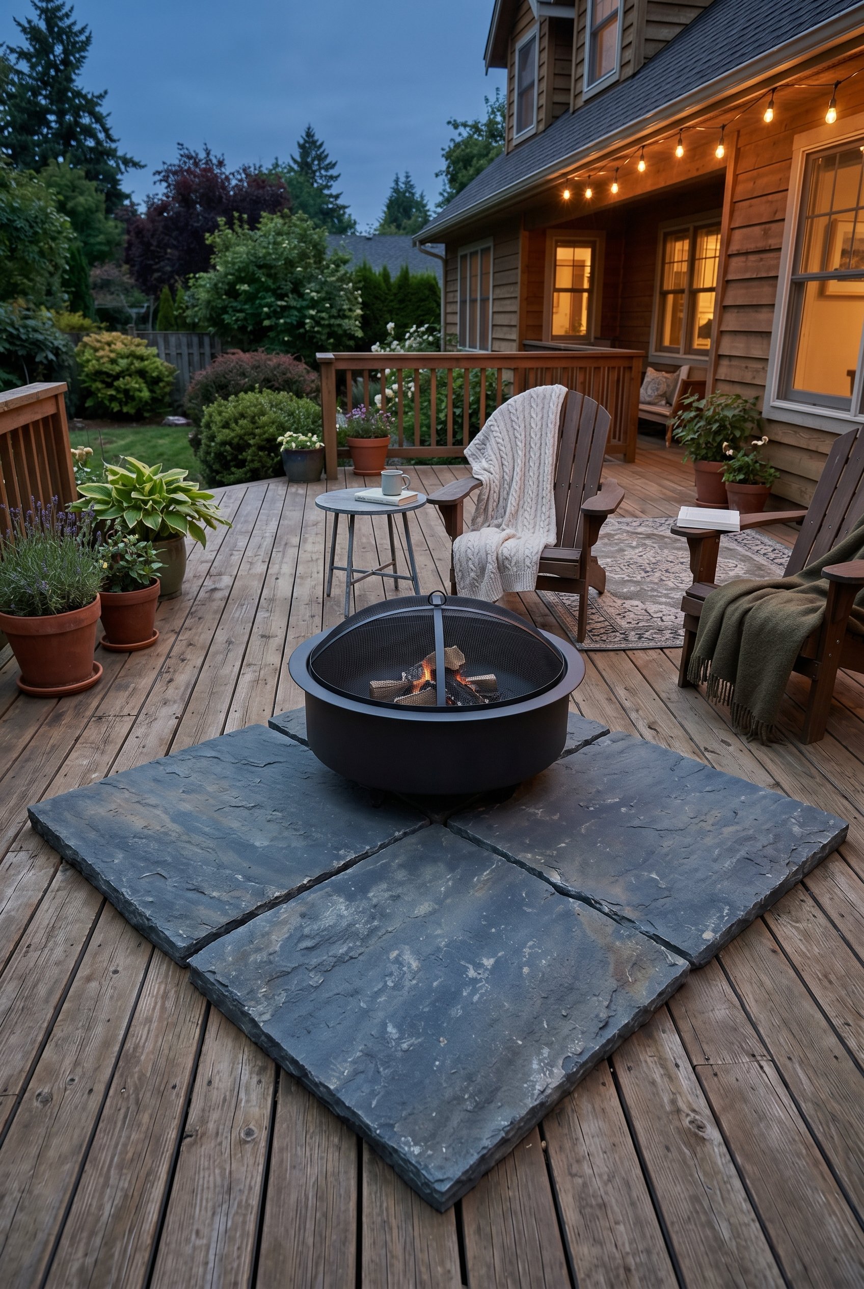 Photorealistic outdoor patio photo. Four large square bluestone pavers acting as a base for a black metal fire pit on a wooden deck, twilight lighting, downward camera angle. Editorial photography sty