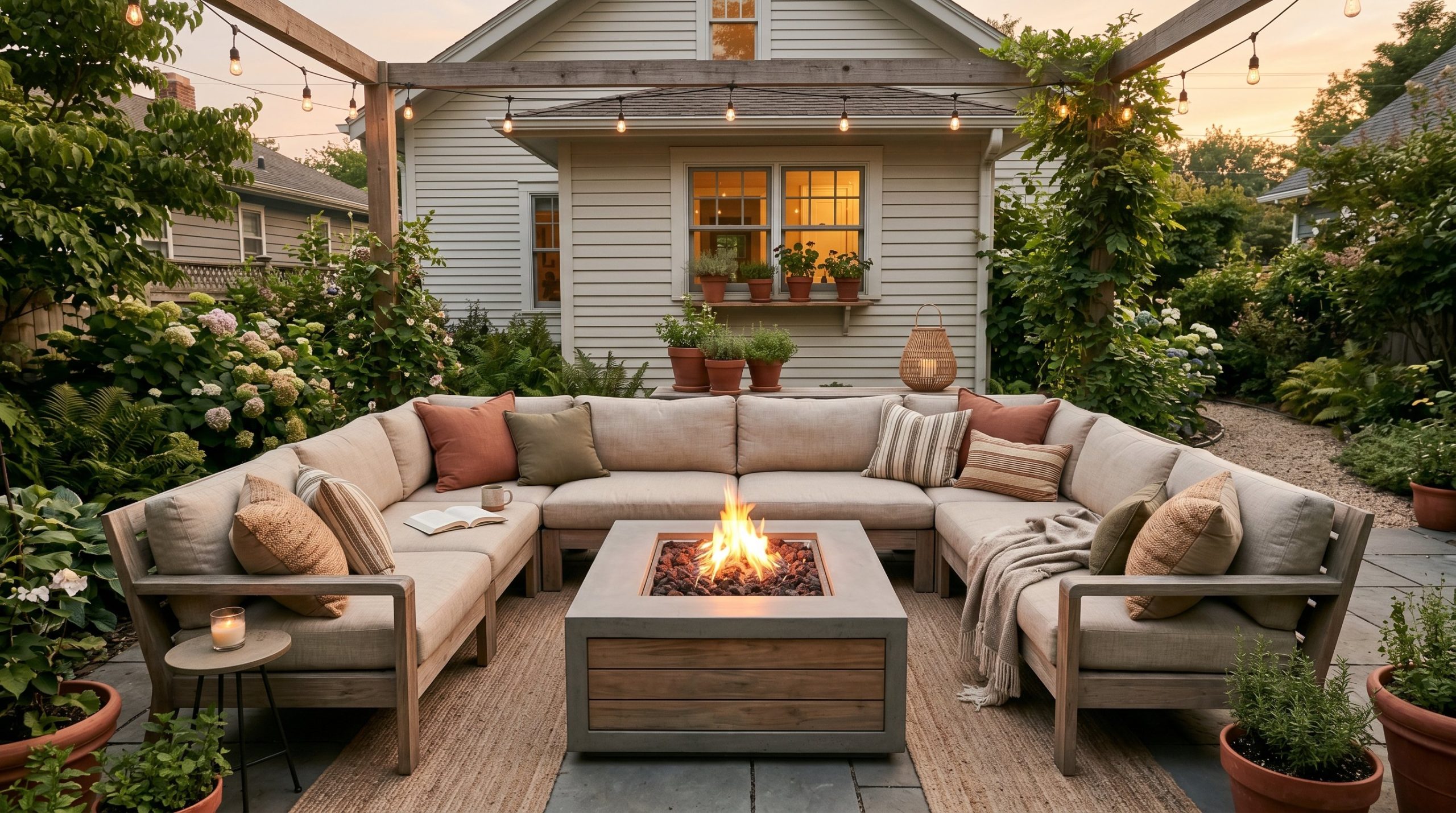 Photorealistic outdoor patio photo. Large U-shaped teak outdoor sectional framing a raised rectangular gas fire pit, soft evening lighting, wide camera angle. Editorial photography style, no people vi
