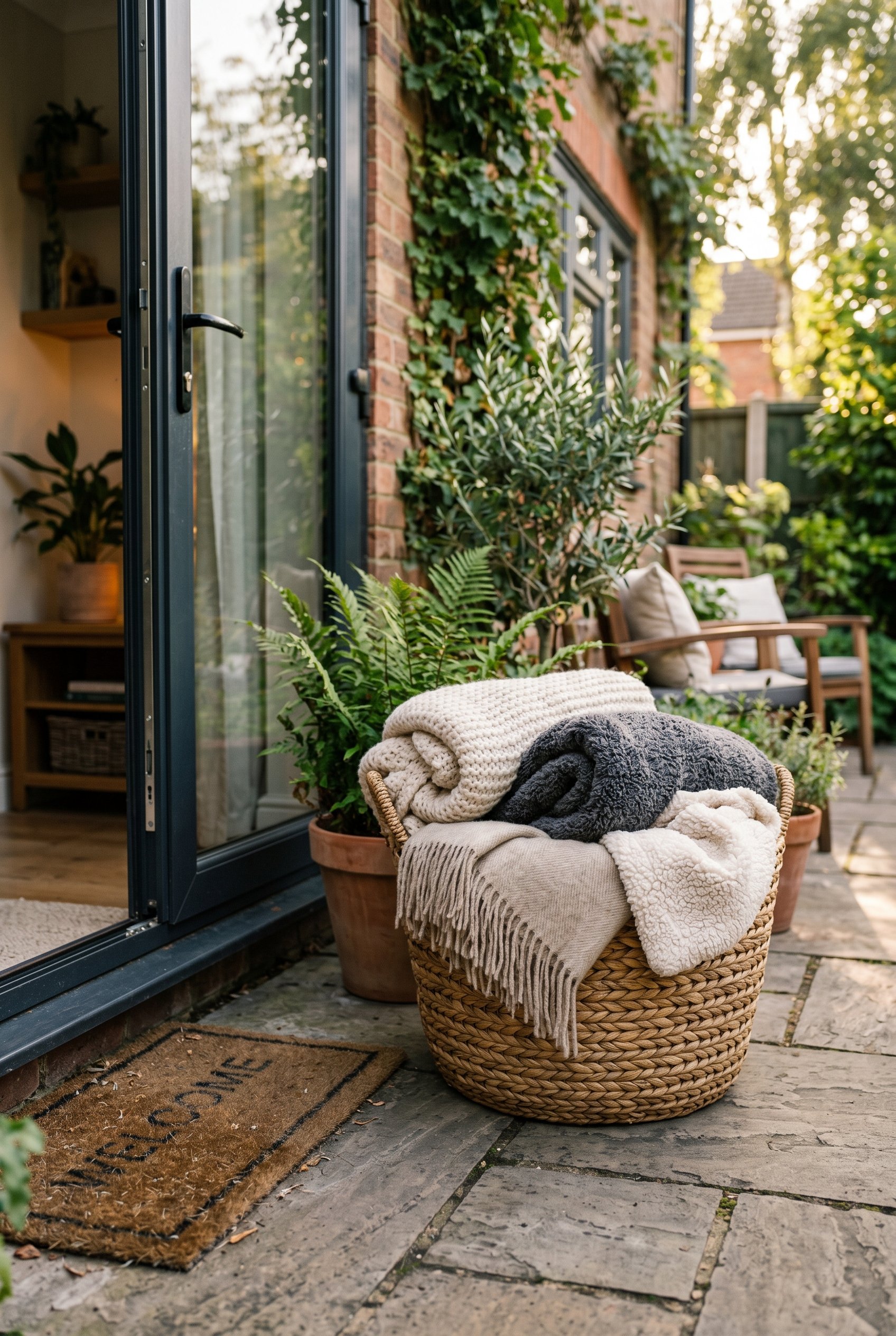 Photorealistic outdoor patio photo. Large woven seagrass basket overflowing with textured fleece and wool throw blankets next to a patio door, soft late afternoon lighting, close-up camera angle. Edit
