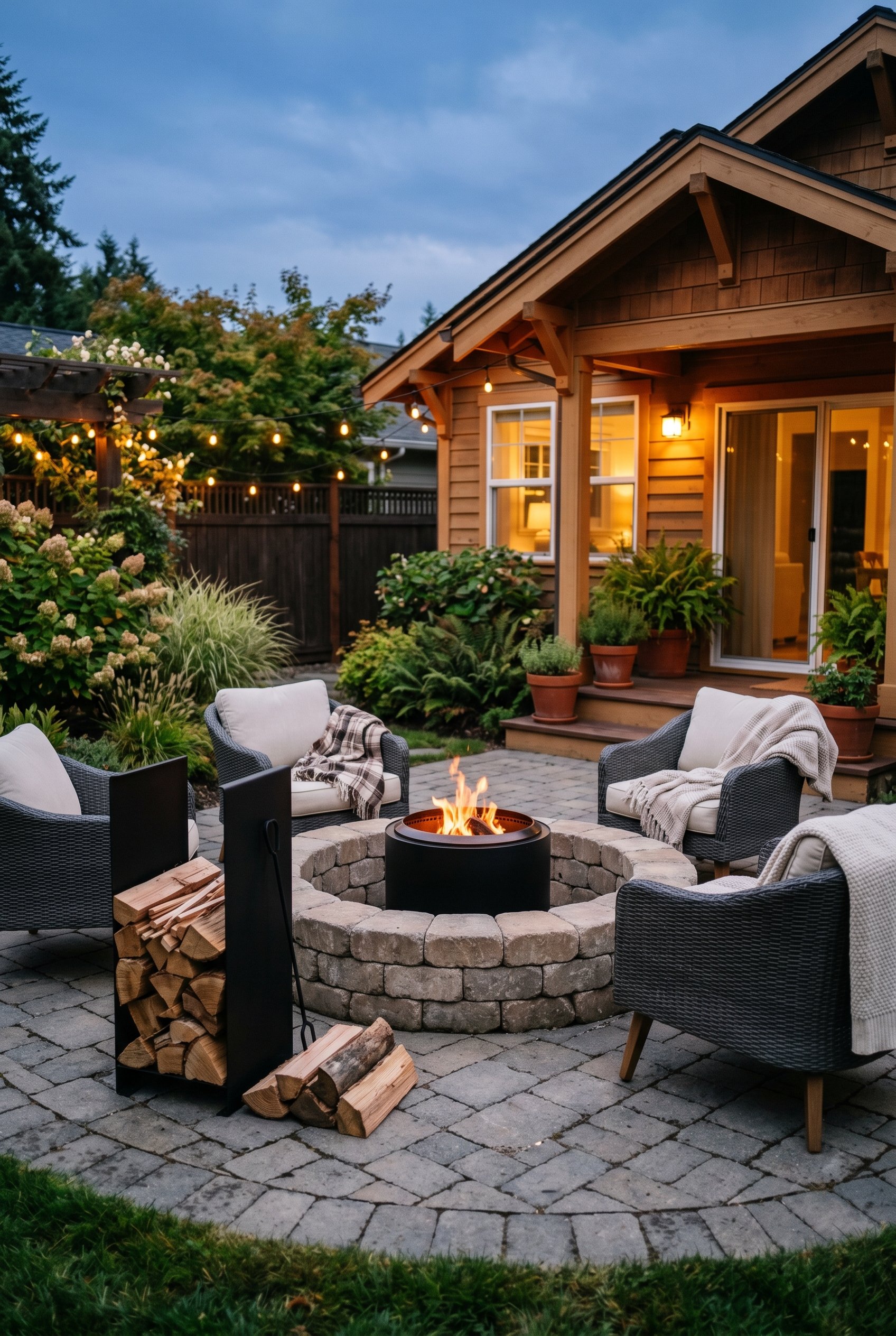 Photorealistic outdoor patio photo. Modern smokeless fire pit surrounded by a low circular tumbled stone retaining wall, black metal log holder nearby, warm dusk lighting, eye-level camera angle. Edit