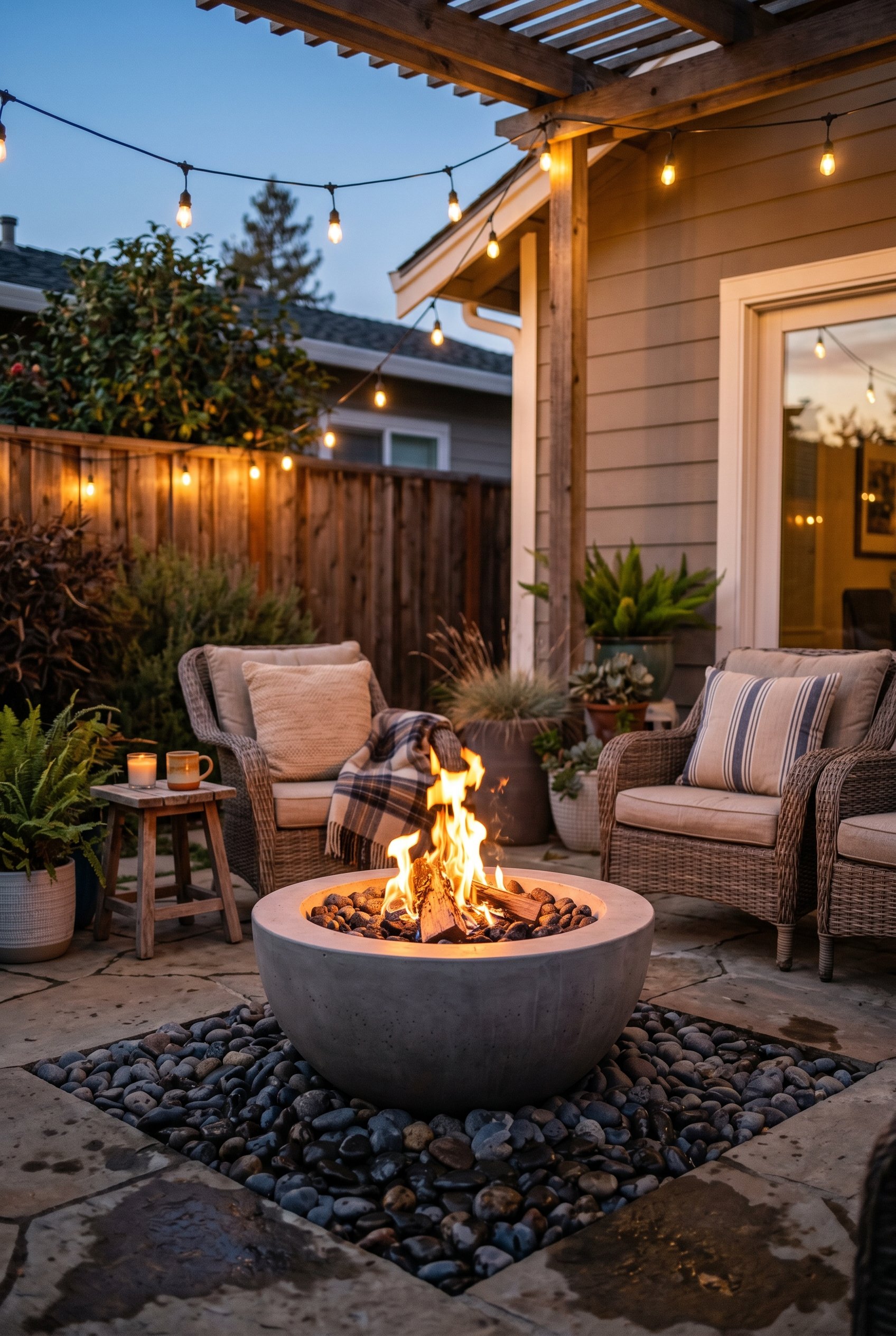 Photorealistic outdoor patio photo. Raised smooth concrete fire bowl sitting on dark river rocks, warm twilight lighting, low camera angle. Editorial photography style, no people visible.