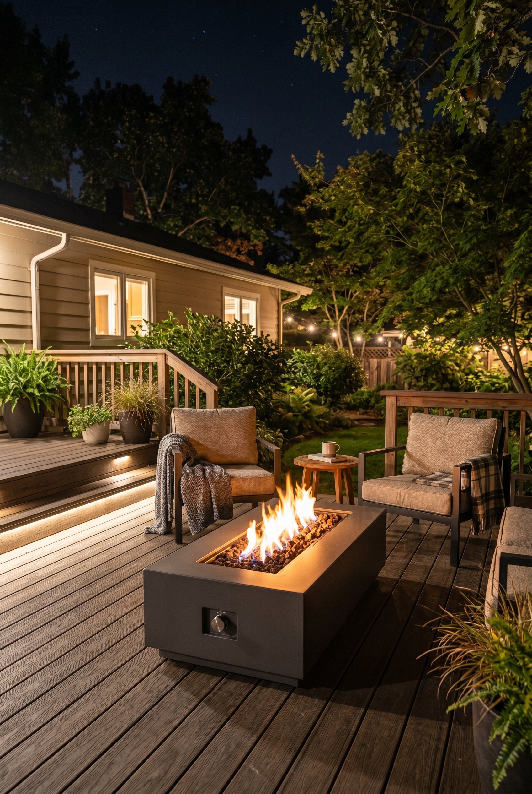Photorealistic outdoor patio photo. Sleek rectangular smart gas fire pit on a modern deck, glowing flames, subtle integrated deck lighting at night, medium camera angle. Editorial photography style, n