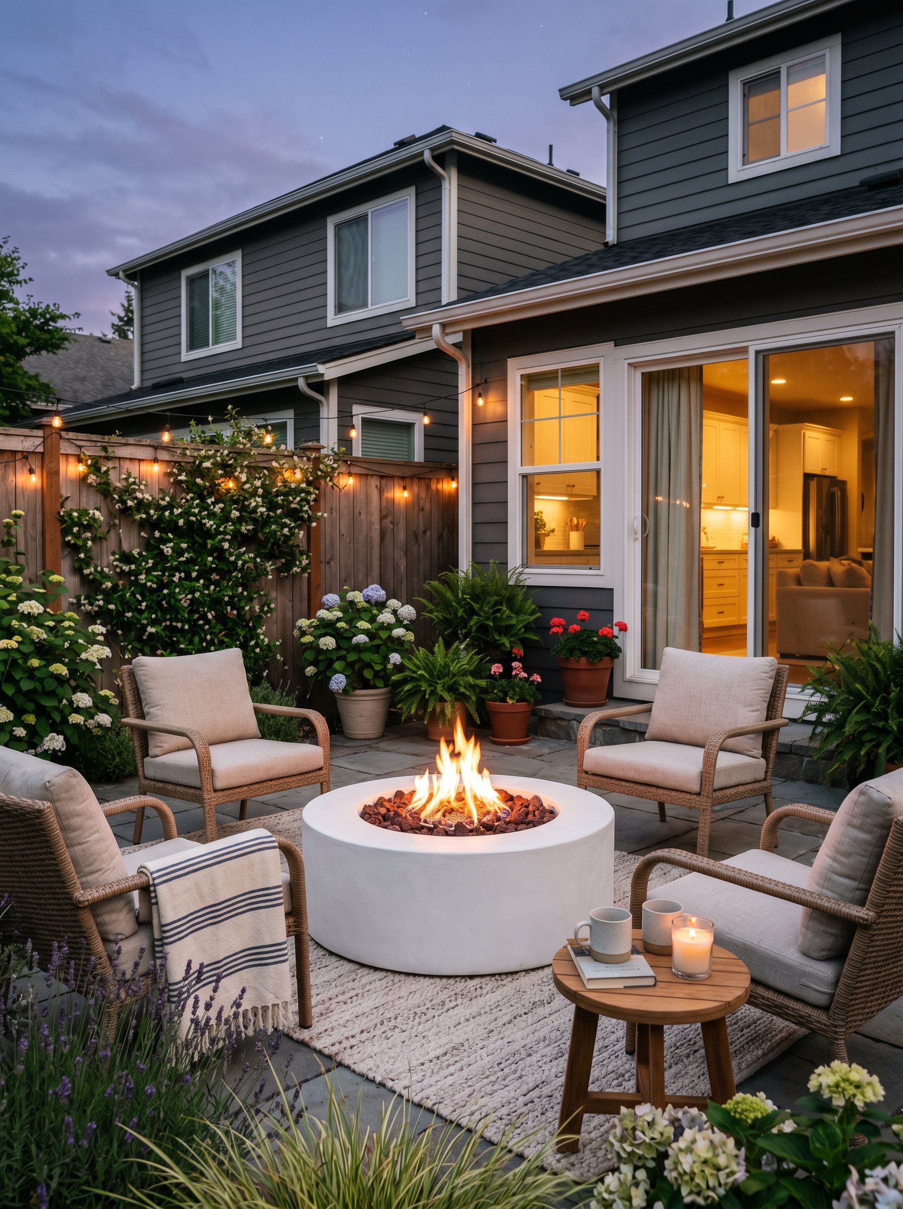 Photorealistic outdoor patio photo. Smooth white plaster-coated circular gas fire pit on a minimalist patio, twilight lighting, medium camera angle. Editorial photography style, no people visible.