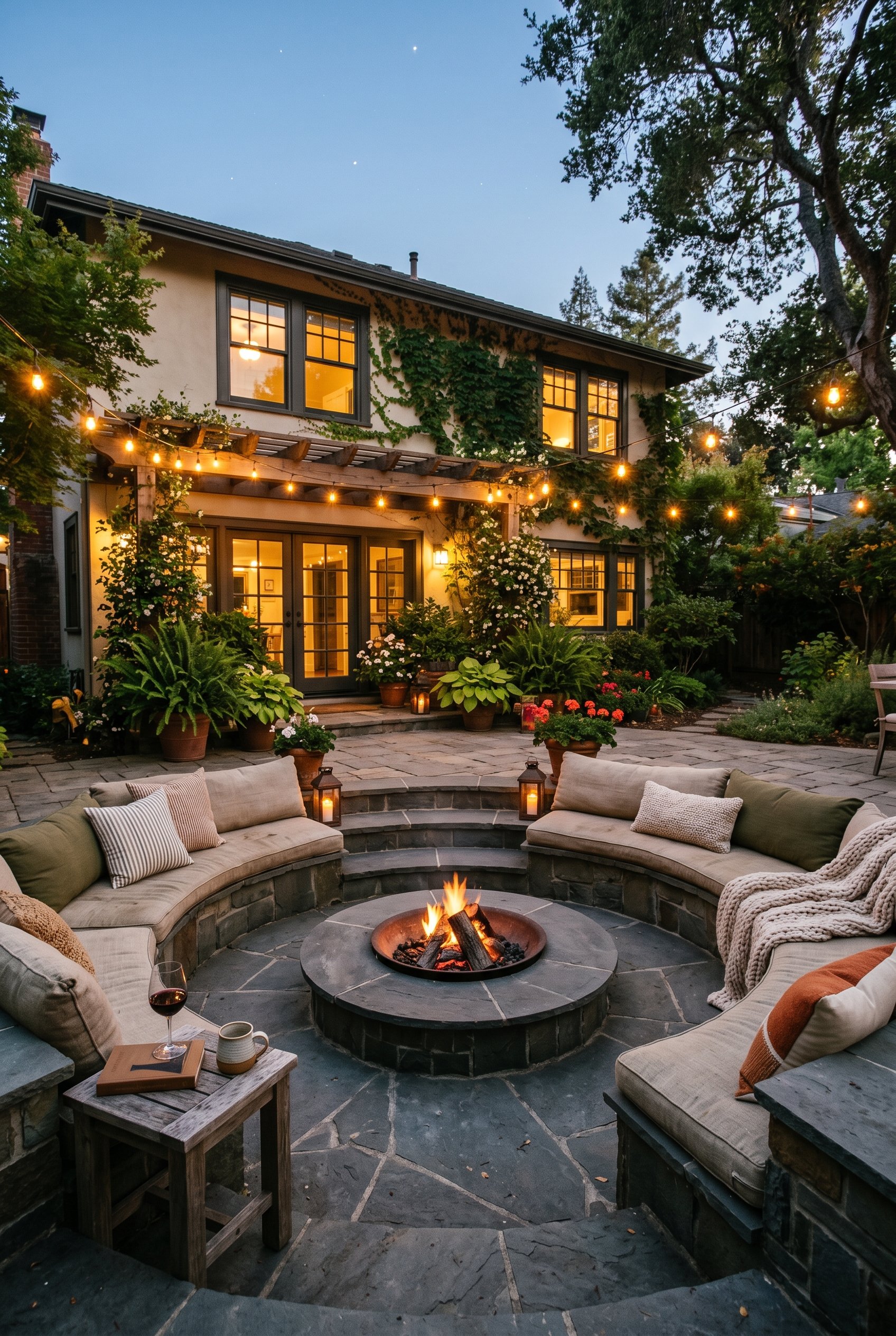 Photorealistic outdoor patio photo. Sunken circular conversation pit built into a stone patio with built-in bench seating, twilight lighting, slightly elevated camera angle. Editorial photography styl