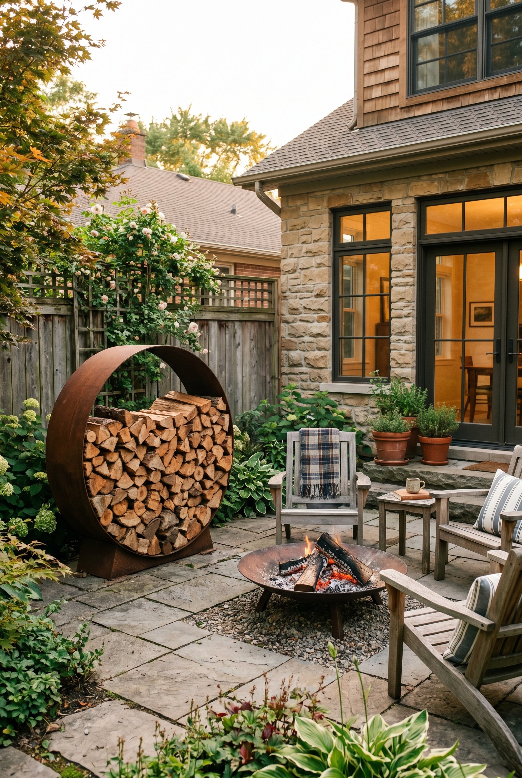 Photorealistic outdoor patio photo. Tall circular rust-patina steel firewood rack filled with split logs next to a fire pit, golden hour lighting, eye-level camera angle. Editorial photography style, 