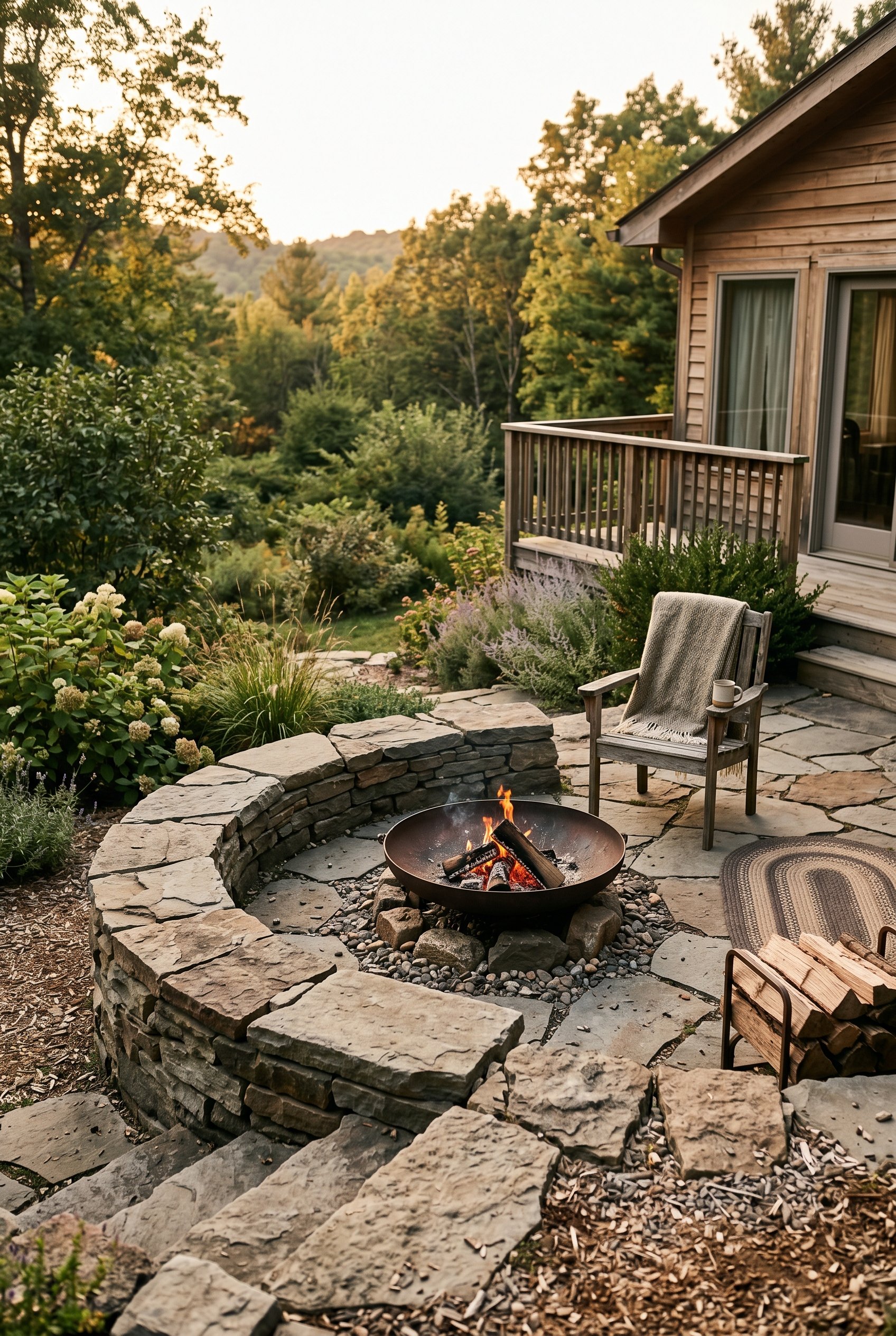 Photorealistic outdoor patio photo. Thick dry-stacked flagstone ring surrounding a simple metal fire bowl, rugged natural landscape, golden hour lighting, eye-level camera angle. Editorial photography