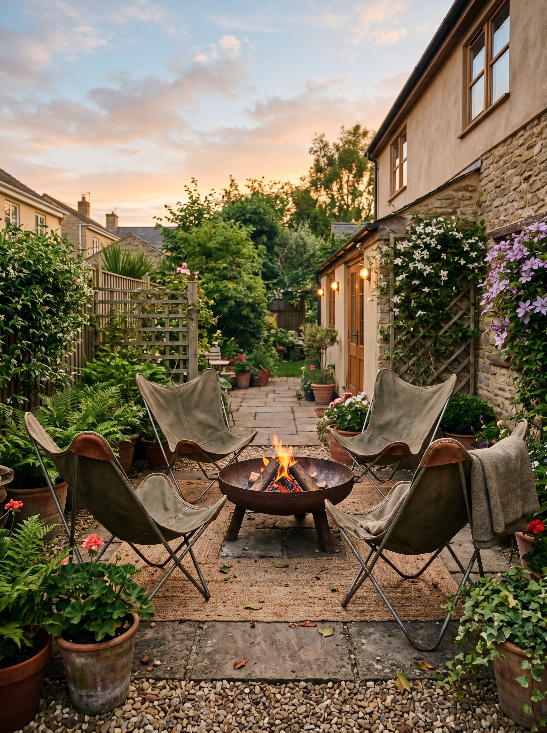 Photorealistic outdoor patio photo. Vintage military canvas butterfly chairs surrounding a low fire pit, soft sunset lighting, low camera angle. Editorial photography style, no people visible.