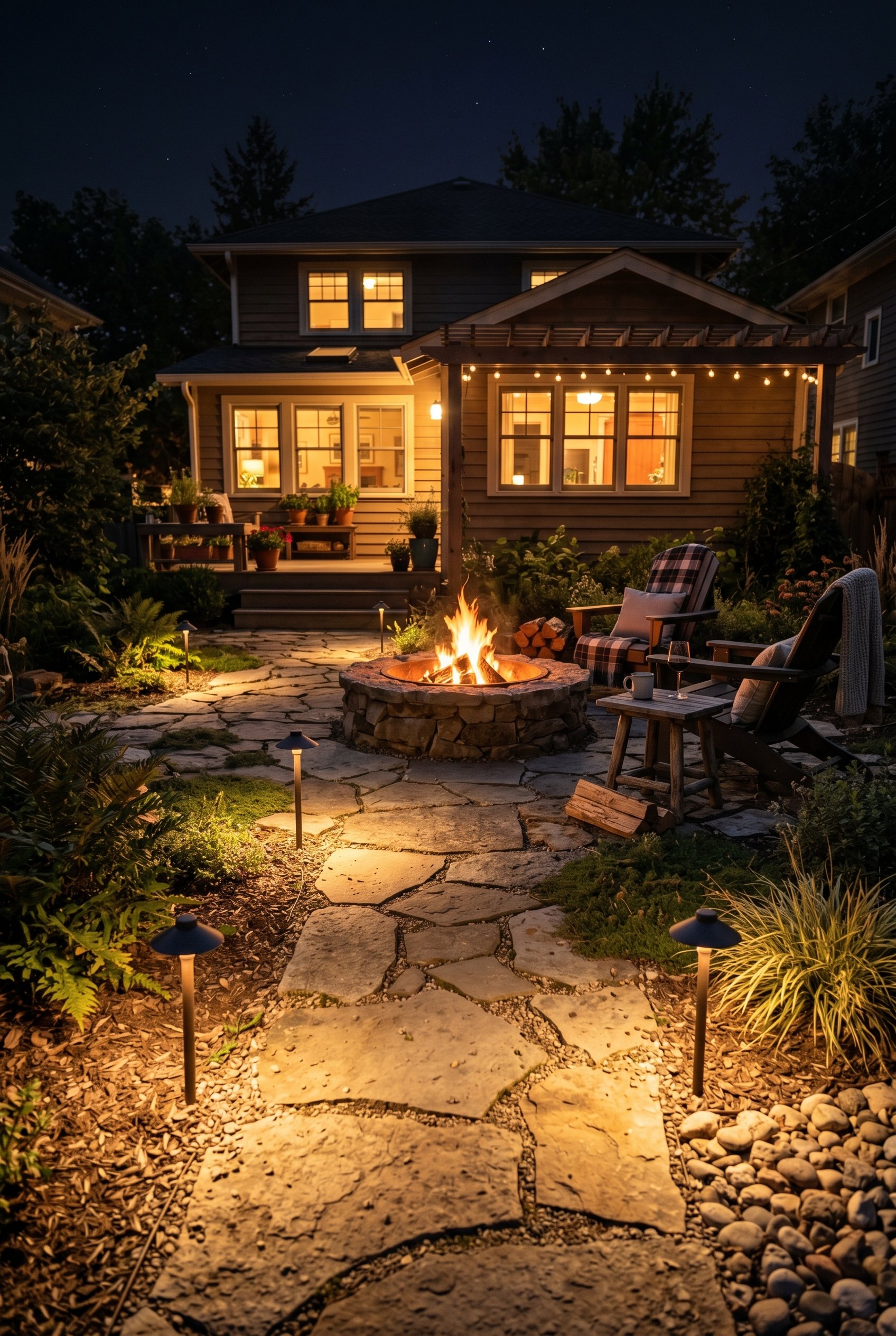 Photorealistic outdoor patio photo. Warm 2700K LED bollard lights illuminating a stone pathway leading to a glowing fire pit, night lighting, ground-level camera angle. Editorial photography style, no