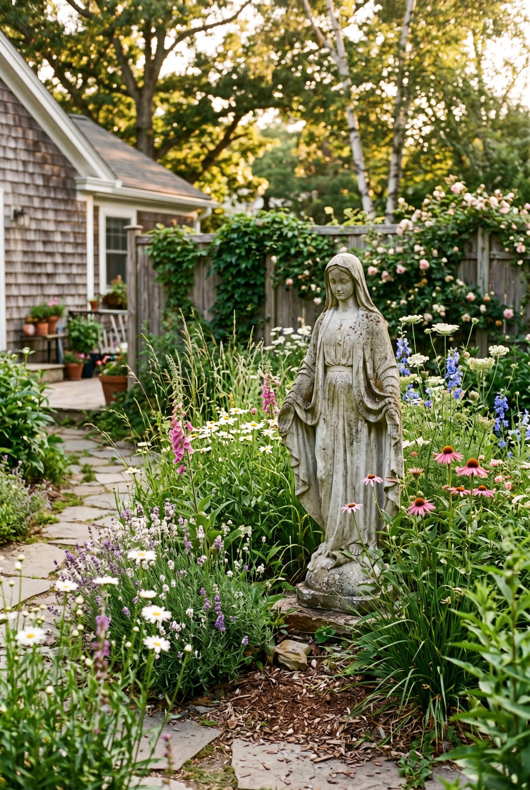 Photorealistic outdoor photo. A weathered concrete statue of the Virgin Mary tucked into a lush garden bed of native wildflowers and tall grasses. Golden hour lighting, garden design editorial style, 