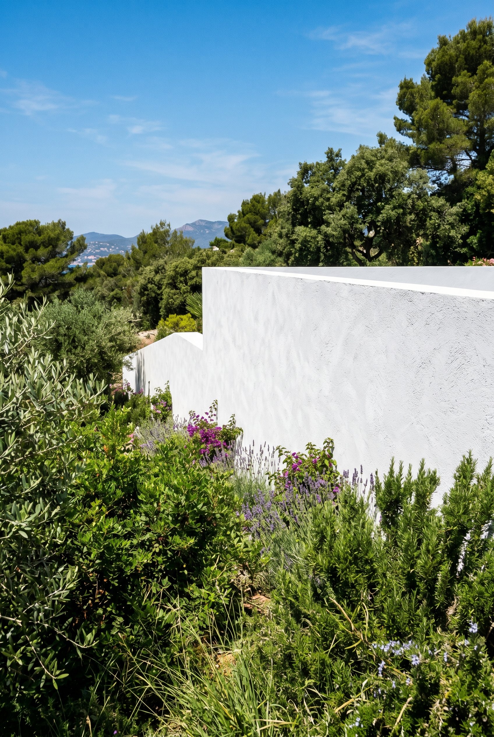 Photorealistic outdoor photography. Bright white skim-coated stucco retaining wall, green foliage in the foreground, bright blue sky edge. Editorial photography style, high contrast, no people visible