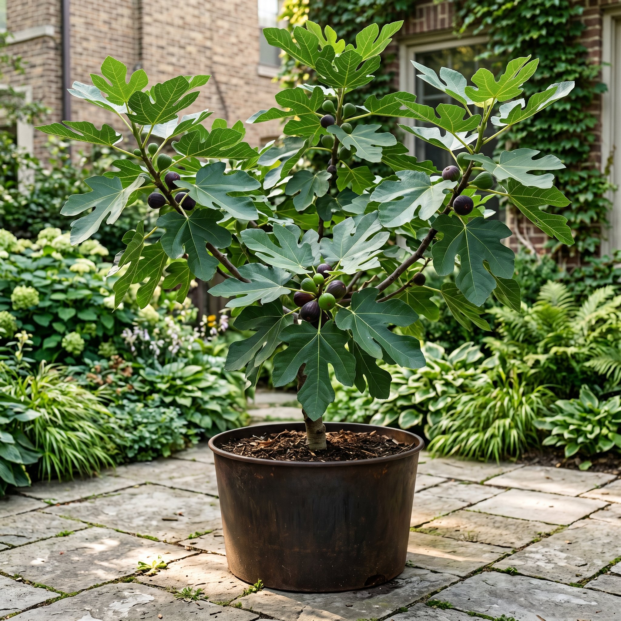 Photorealistic outdoor photography. Chicago Hardy fig tree with large architectural leaves in a dark metal planter, stone patio background. Editorial photography style, vibrant greens, no people visib