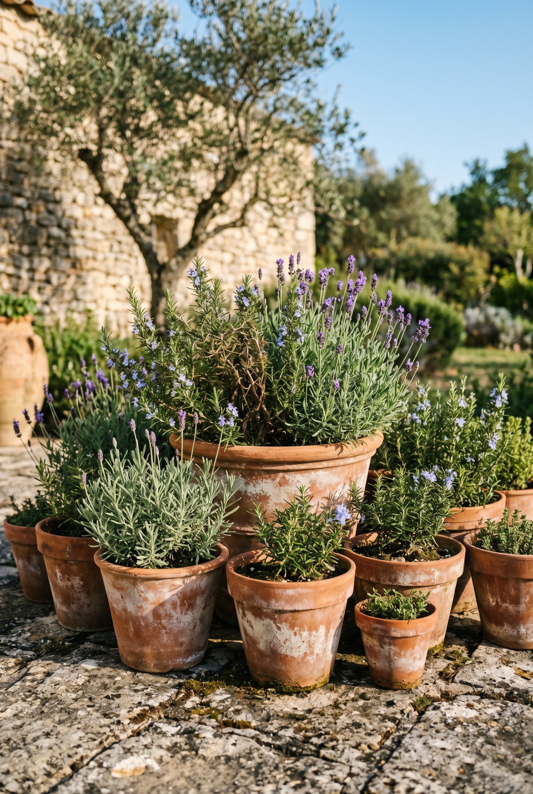 Photorealistic outdoor photography. Clustered unglazed terracotta pots with chalky white patina on a stone patio, filled with rosemary and lavender. Editorial photography style, warm natural lighting,