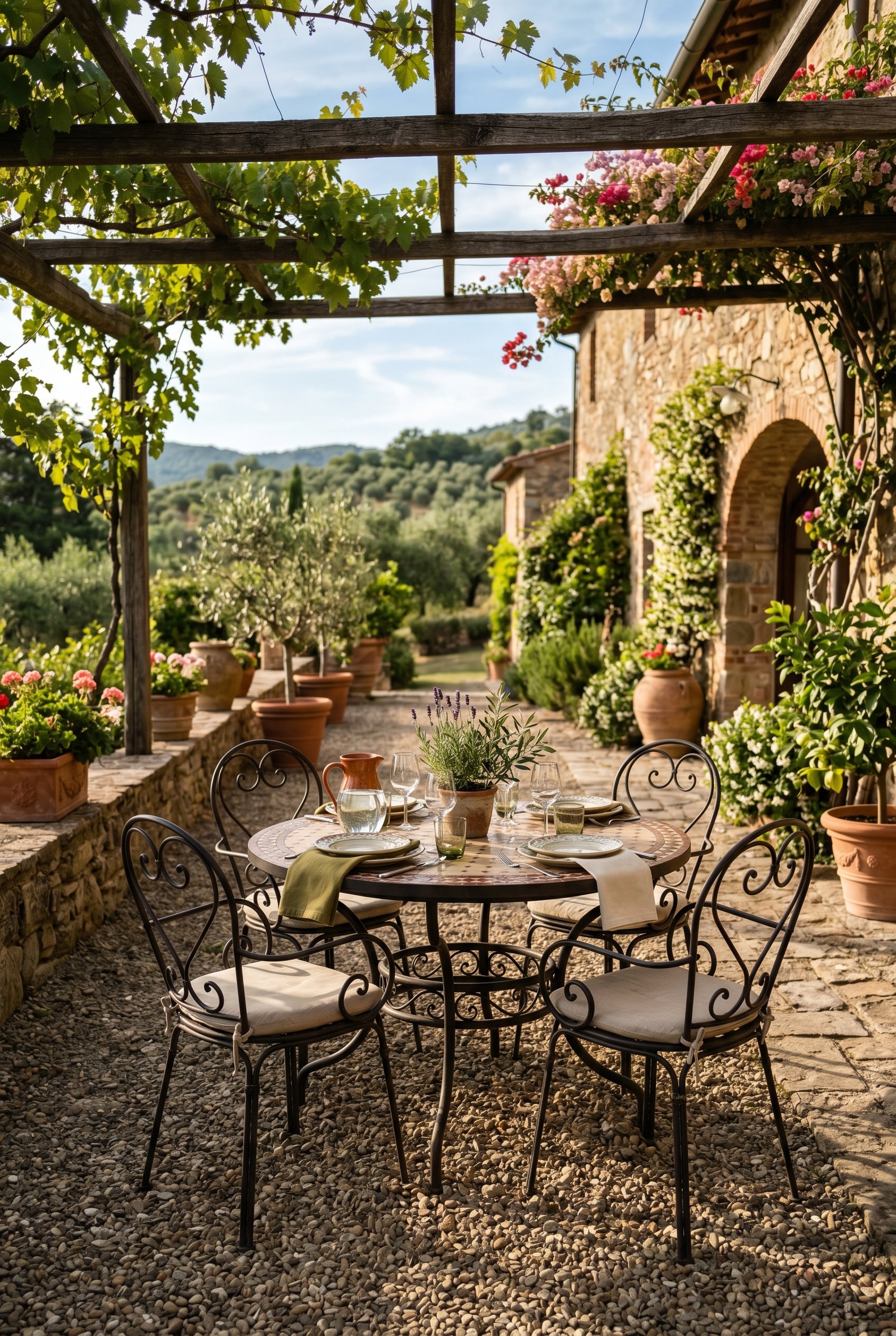 Photorealistic outdoor photography. Dark wrought iron dining set with a round table, rustic Mediterranean patio setting, gravel ground cover. Editorial photography style, afternoon sunlight, no people