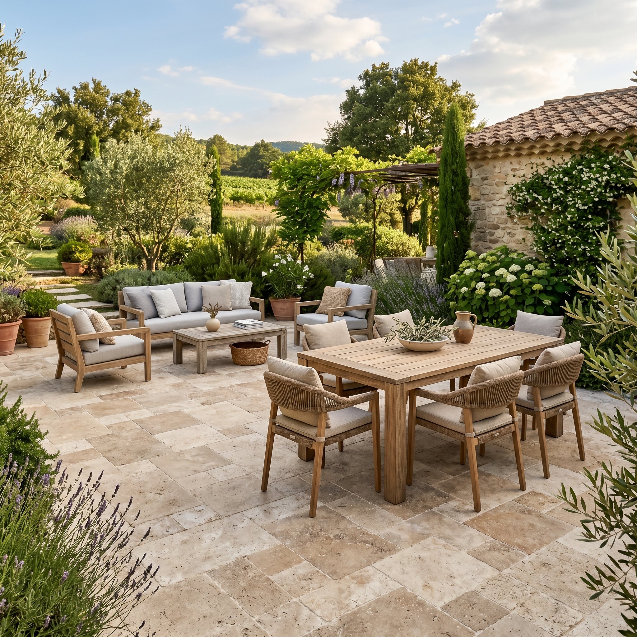 Photorealistic outdoor photography. French pattern travertine stone patio, warm sunlight, modern rustic outdoor furniture. Editorial photography style, sharp focus, no people visible.