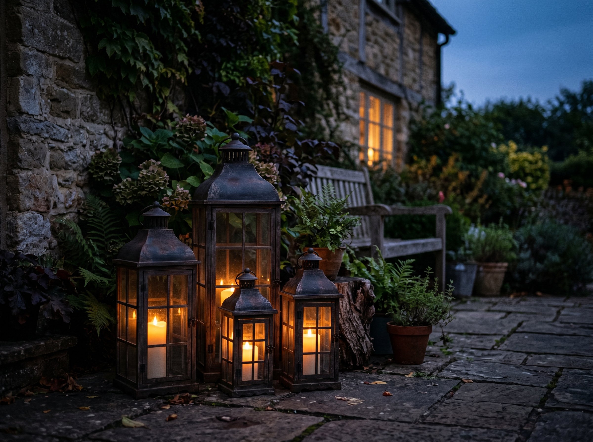 Photorealistic outdoor photography. Grouping of oversized dark iron floor lanterns with glowing LED pillar candles in a patio corner at dusk. Editorial photography style, moody twilight lighting, no p