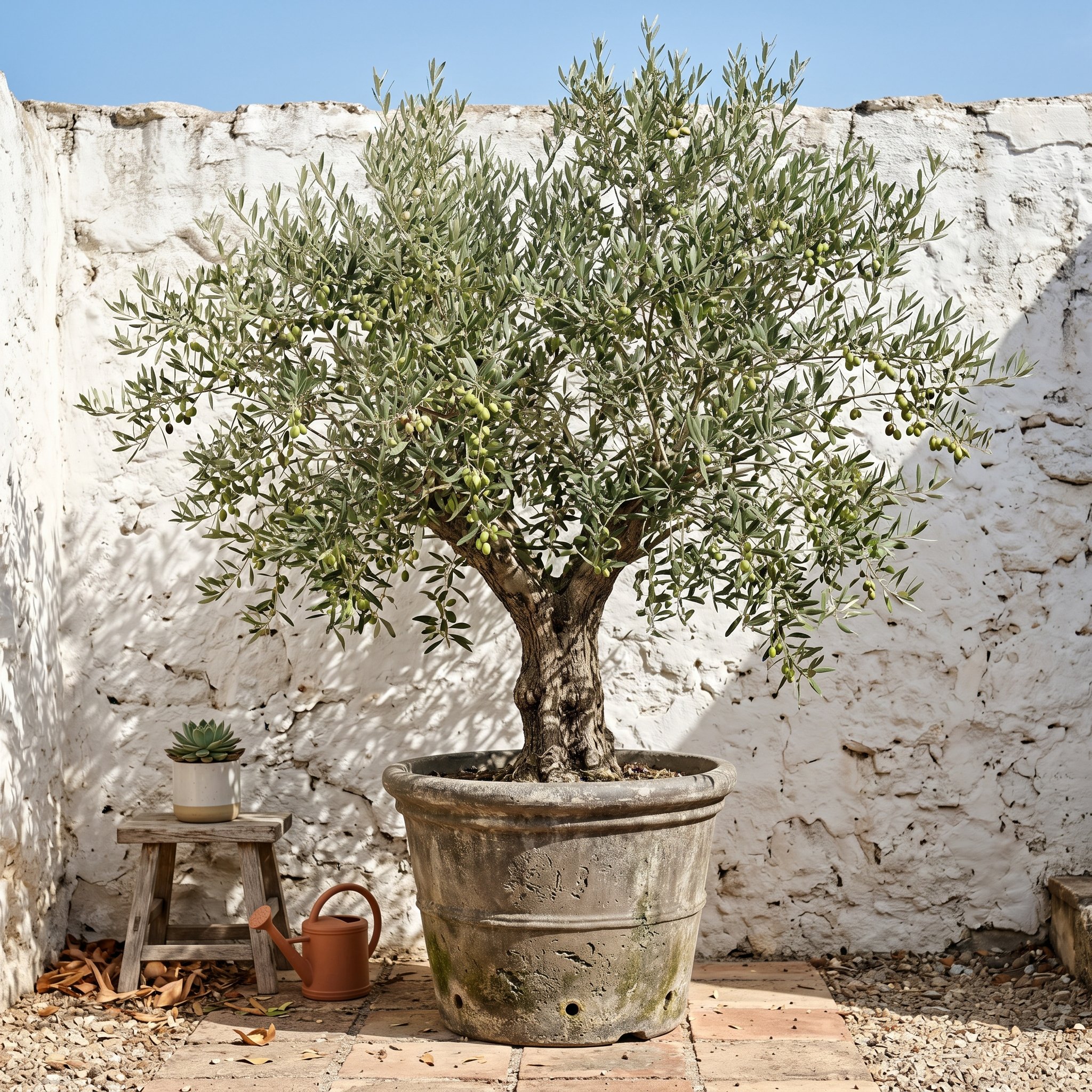 Photorealistic outdoor photography. Large Arbequina olive tree in a weathered lightweight resin planter, set against a white wall. Editorial photography style, bright sun, no people visible.