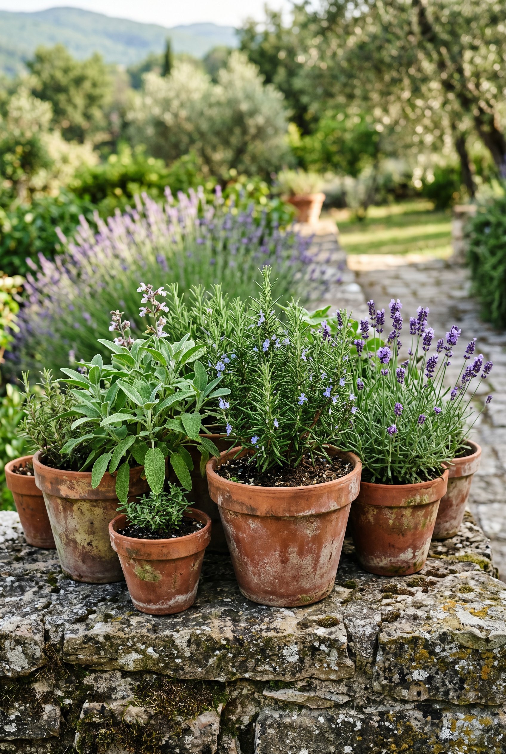 Photorealistic outdoor photography. Odd number of varying sized terracotta pots clustered on a low stone wall, planted with sage, rosemary, and lavender. Editorial photography style, macro detail, no 