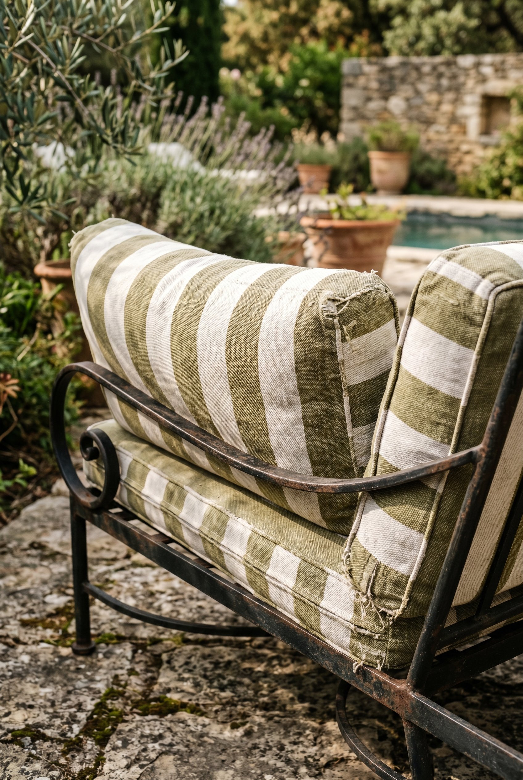 Photorealistic outdoor photography. Outdoor lounge chair featuring faded olive and white wide cabana striped cushions, iron frame. Editorial photography style, close up on fabric texture, no people vi