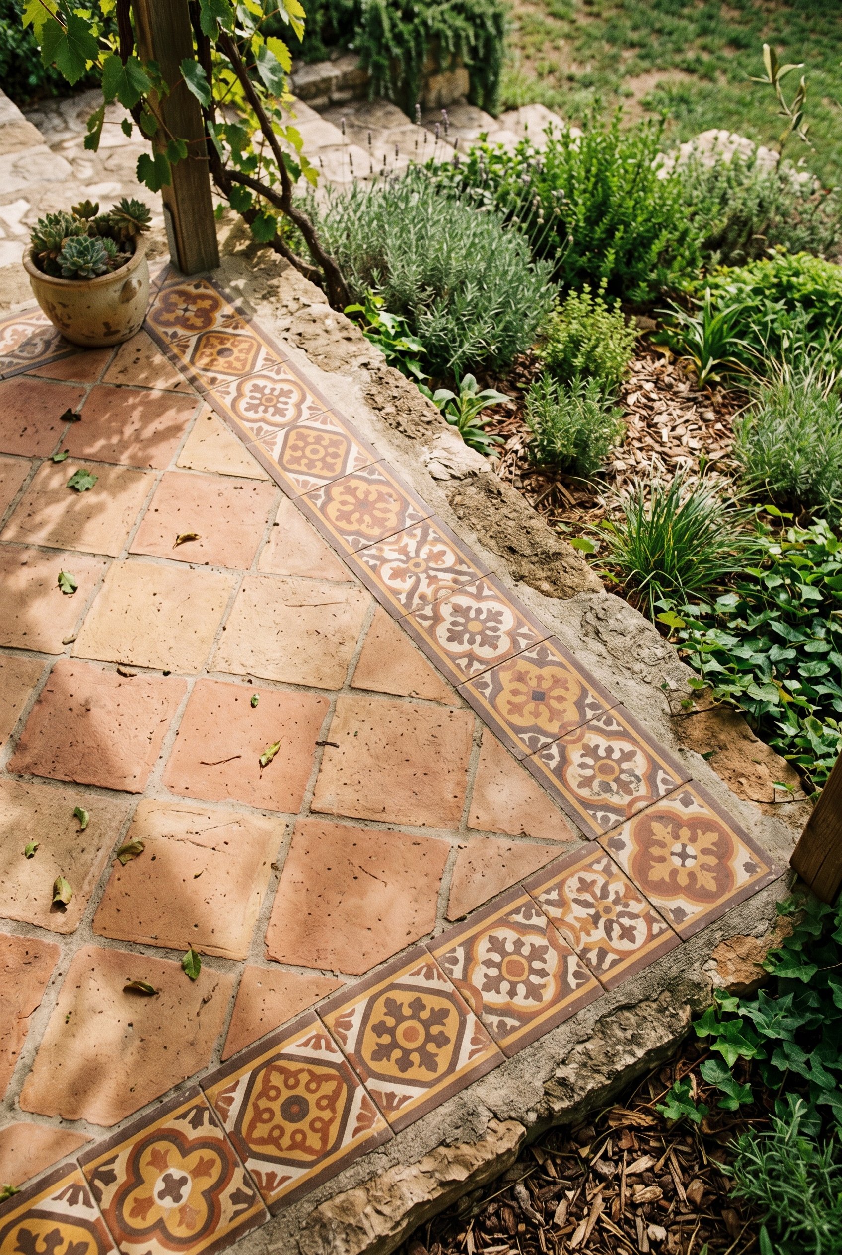 Photorealistic outdoor photography. Patterned encaustic cement tiles used as a border edge on an outdoor patio landing, warm earthy colors. Editorial photography style, top-down angle, no people visib