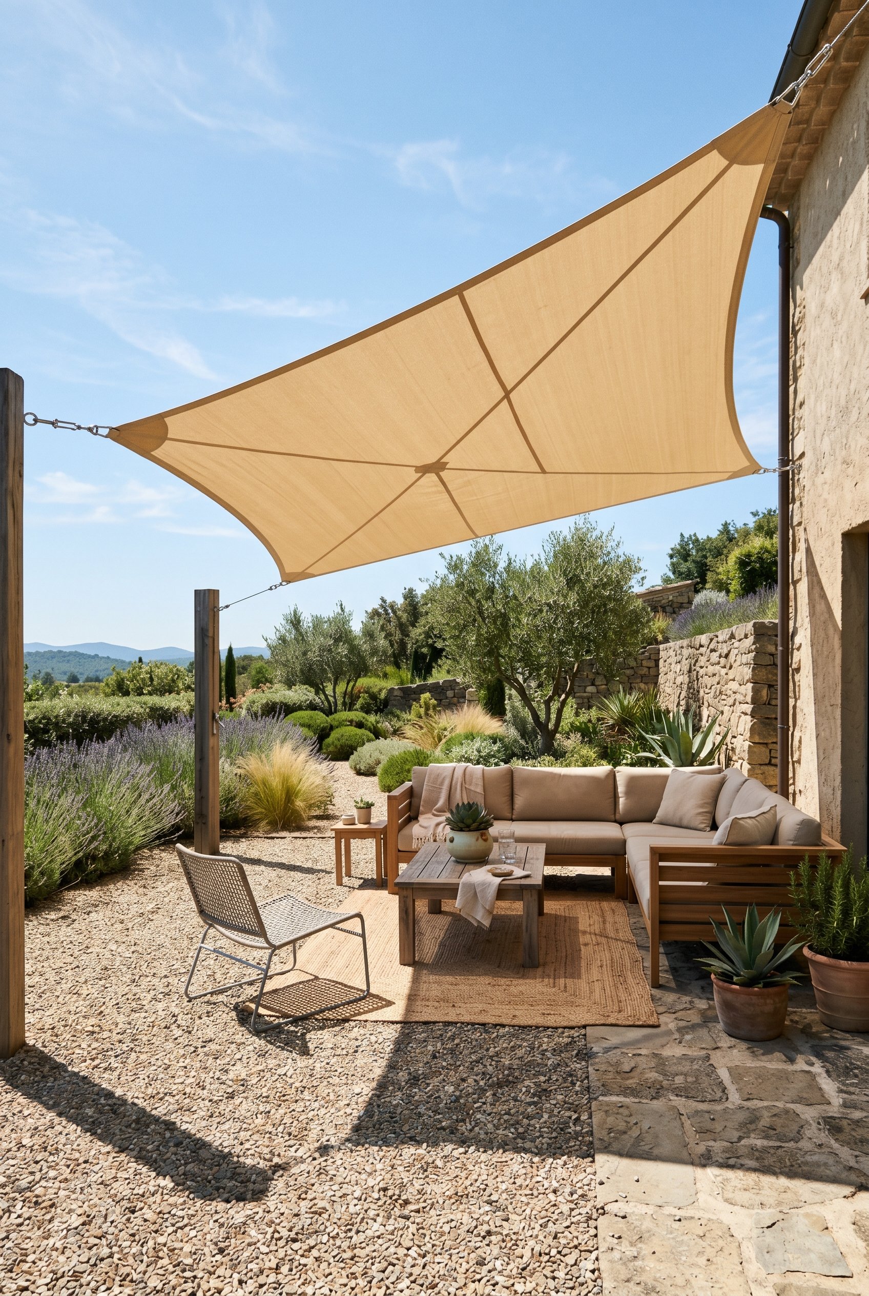 Photorealistic outdoor photography. Sand-colored canvas shade sail tensioned over a patio lounge area, casting sharp shadows on gravel. Editorial photography style, wide angle, no people visible.