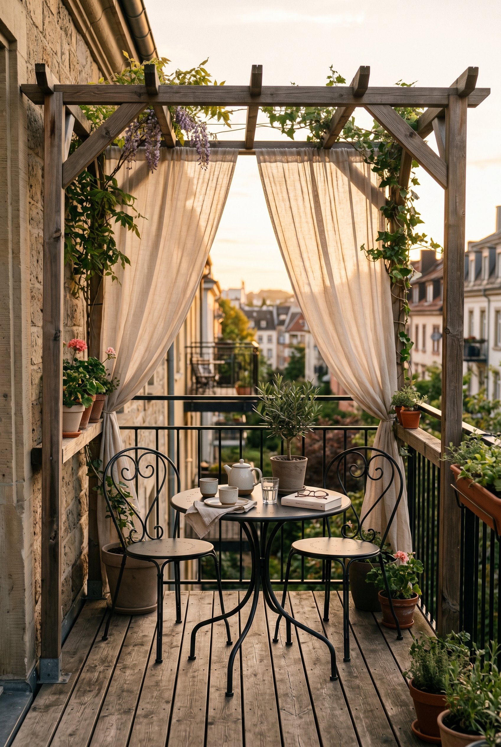 Photorealistic outdoor photography. Small apartment balcony with a narrow freestanding wooden pergola, sheer linen curtains, bistro table. Editorial photography style, golden hour lighting, no people 