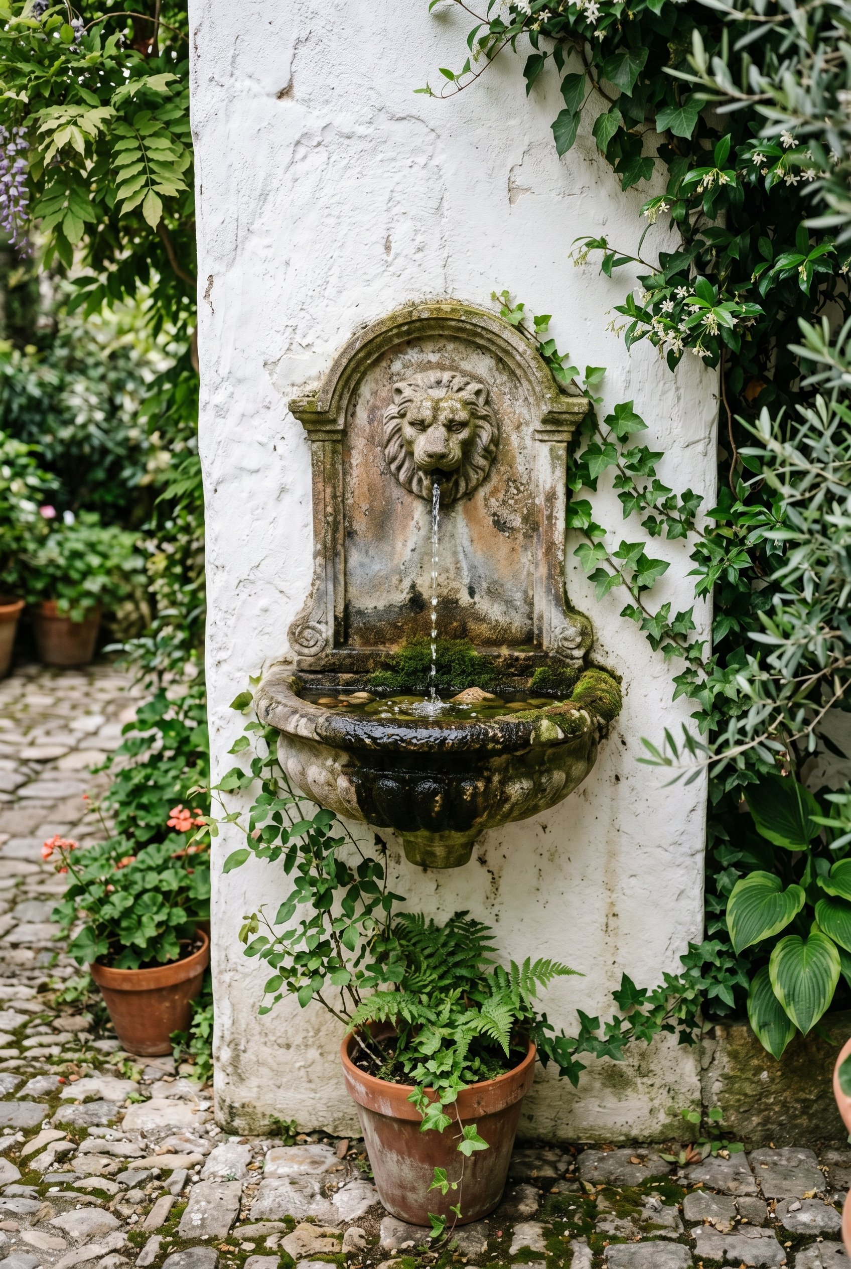Photorealistic outdoor photography. Small wall-mounted cast stone water fountain on a white stucco wall, trickling water, subtle moss. Editorial photography style, shaded natural light, no people visi