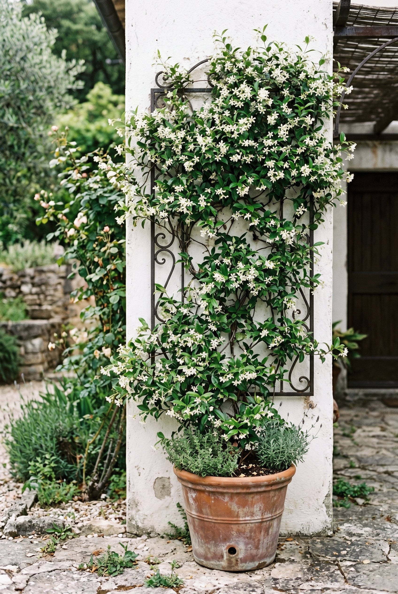 Photorealistic outdoor photography. Star jasmine climbing up a white stucco wall, dark metal trellis, terracotta pot at the base. Editorial photography style, soft shaded lighting, no people visible.