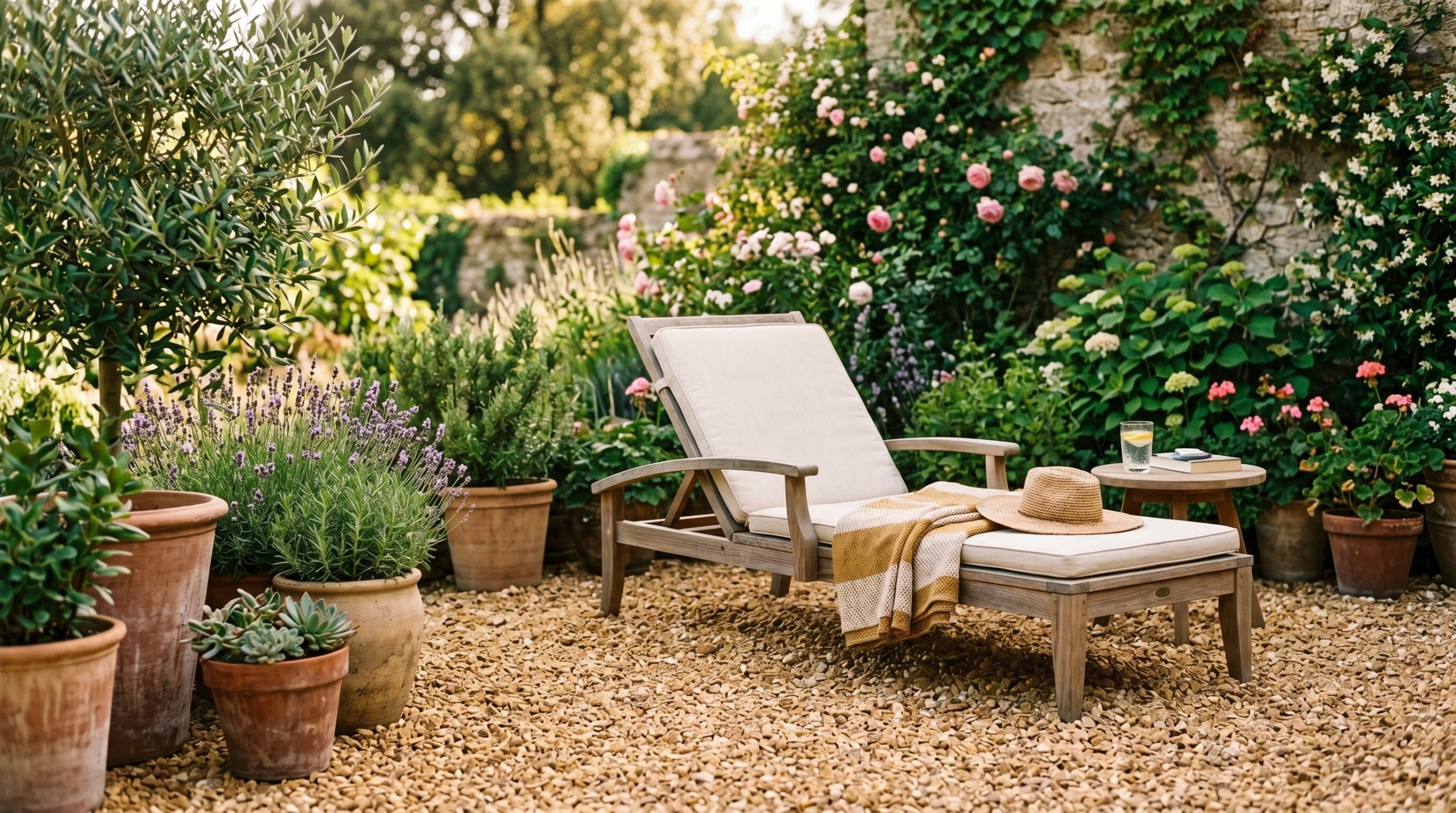 Photorealistic outdoor photography. Warm-toned pea gravel patio ground cover, simple wooden lounge chair, potted plants at the edges. Editorial photography style, high detail, no people visible.