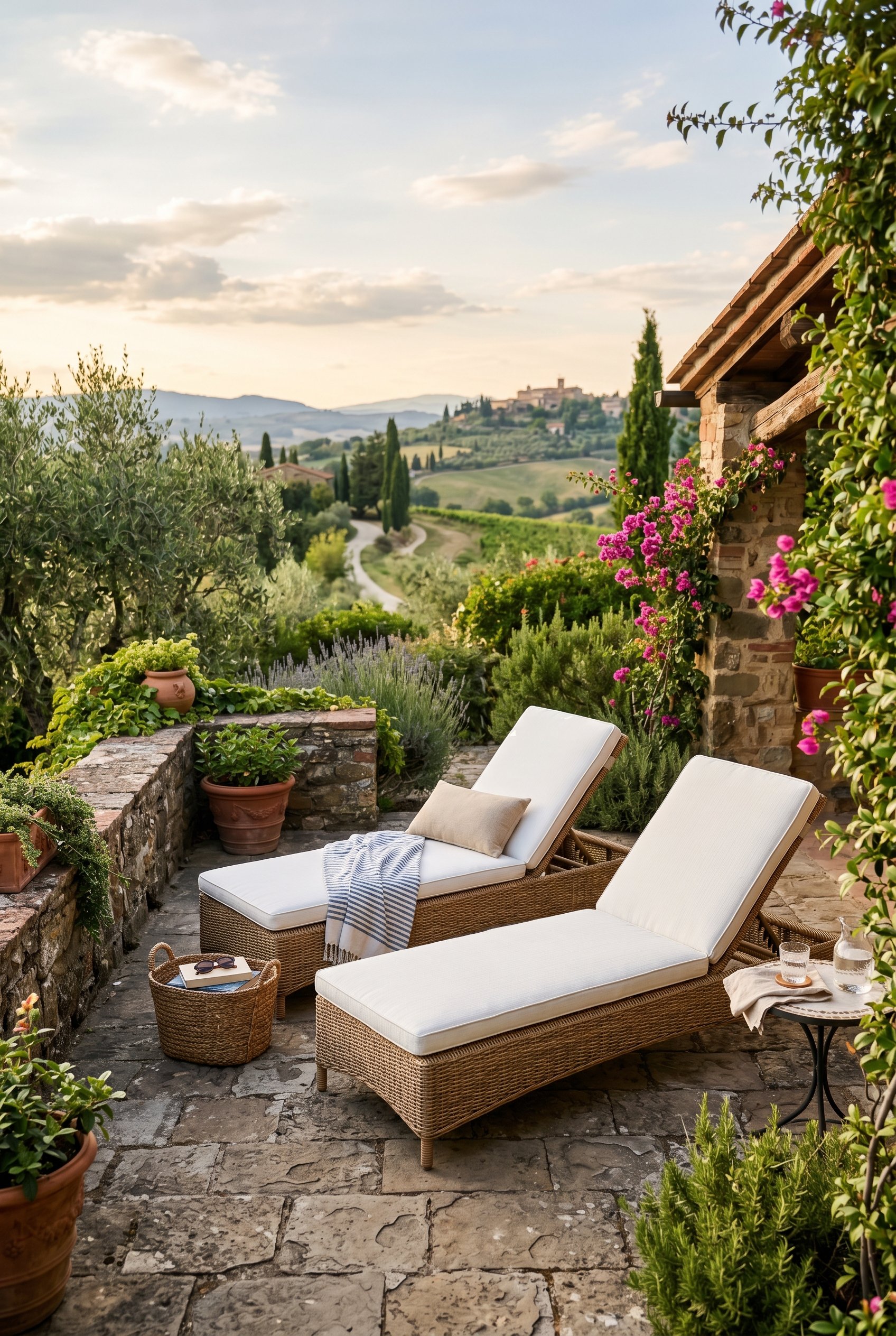 Photorealistic outdoor photography. Weather-resistant woven rattan lounge chairs with white cushions on a rustic stone patio. Editorial photography style, inviting warm light, no people visible.