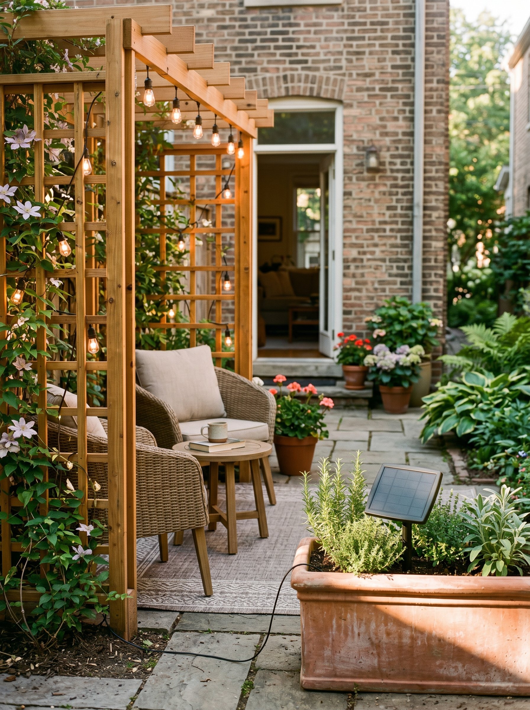 Photorealistic exterior patio photo. A clean, wire-free looking cedar trellis glowing with string lights, with a discreet solar panel spiked into a sunny planter box 10 feet away. Editorial photograph