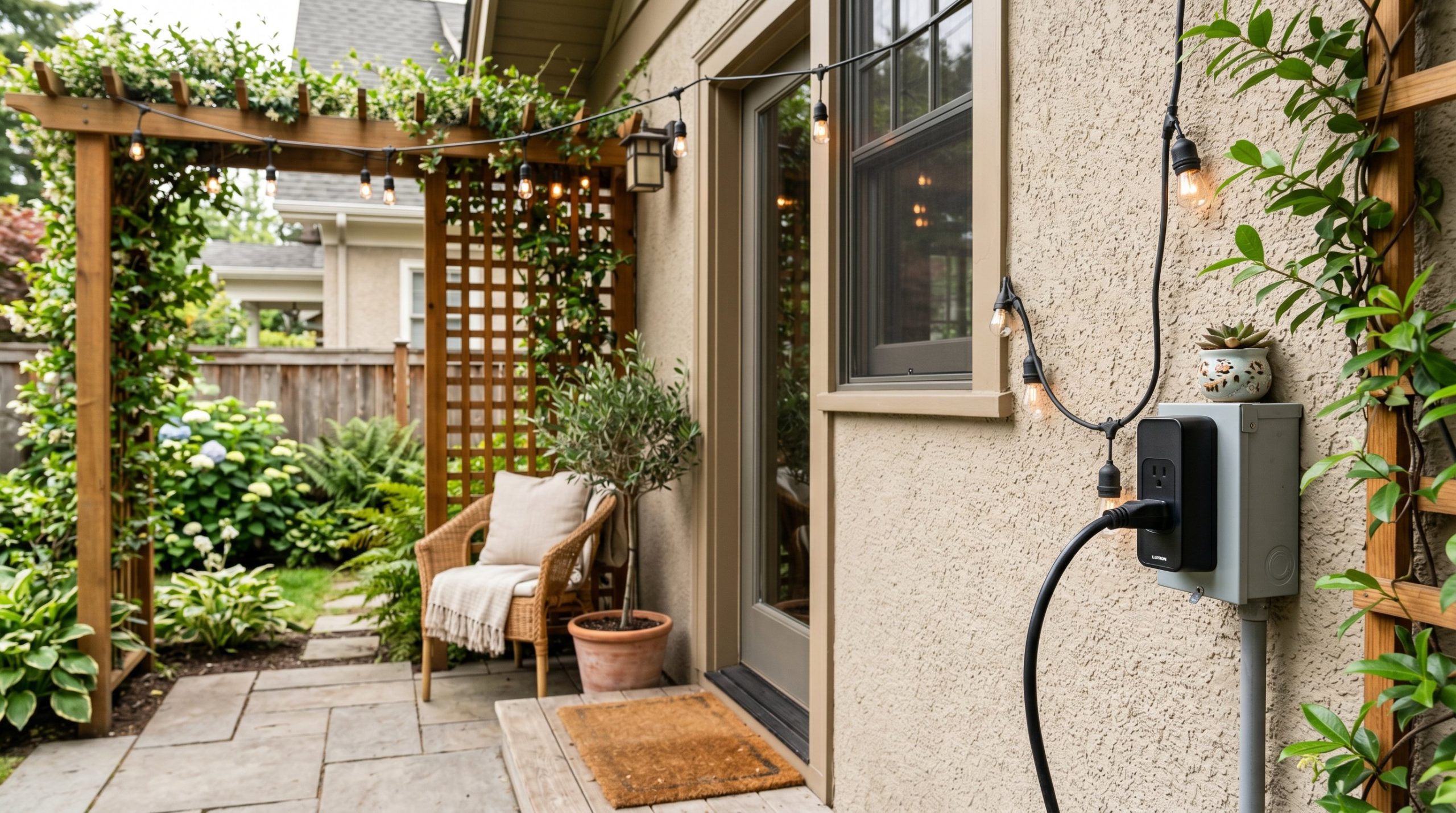Photorealistic exterior patio photo. A sleek black Lutron outdoor smart plug plugged into a weatherproof wall outlet, connecting to a thick string light cord leading to a trellis. Editorial photograph
