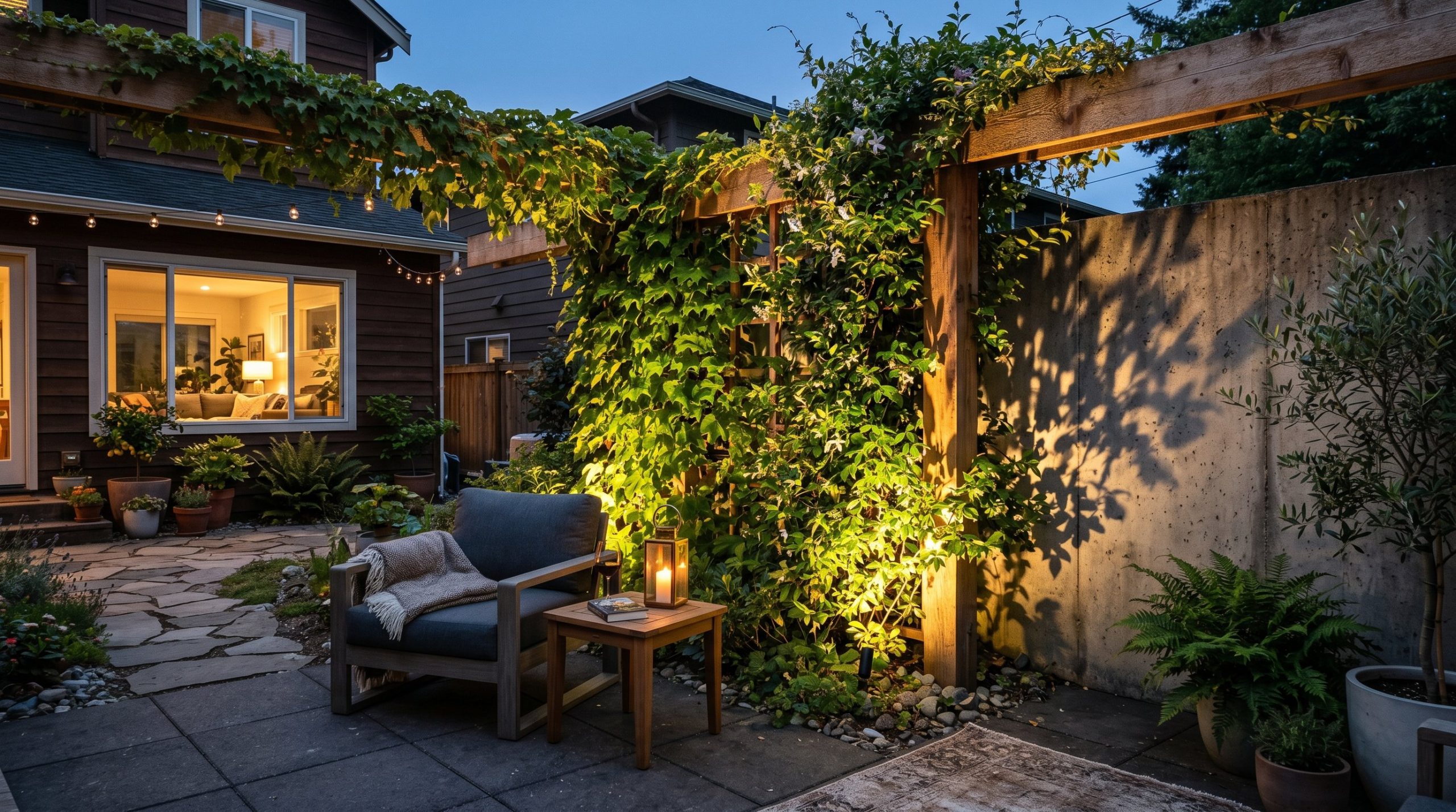 Photorealistic exterior patio photo. A stunning architectural raw cedar trellis structure heavily draped in lush green climbing vines, illuminated by perfectly hidden warm-white LED uplighting that ca