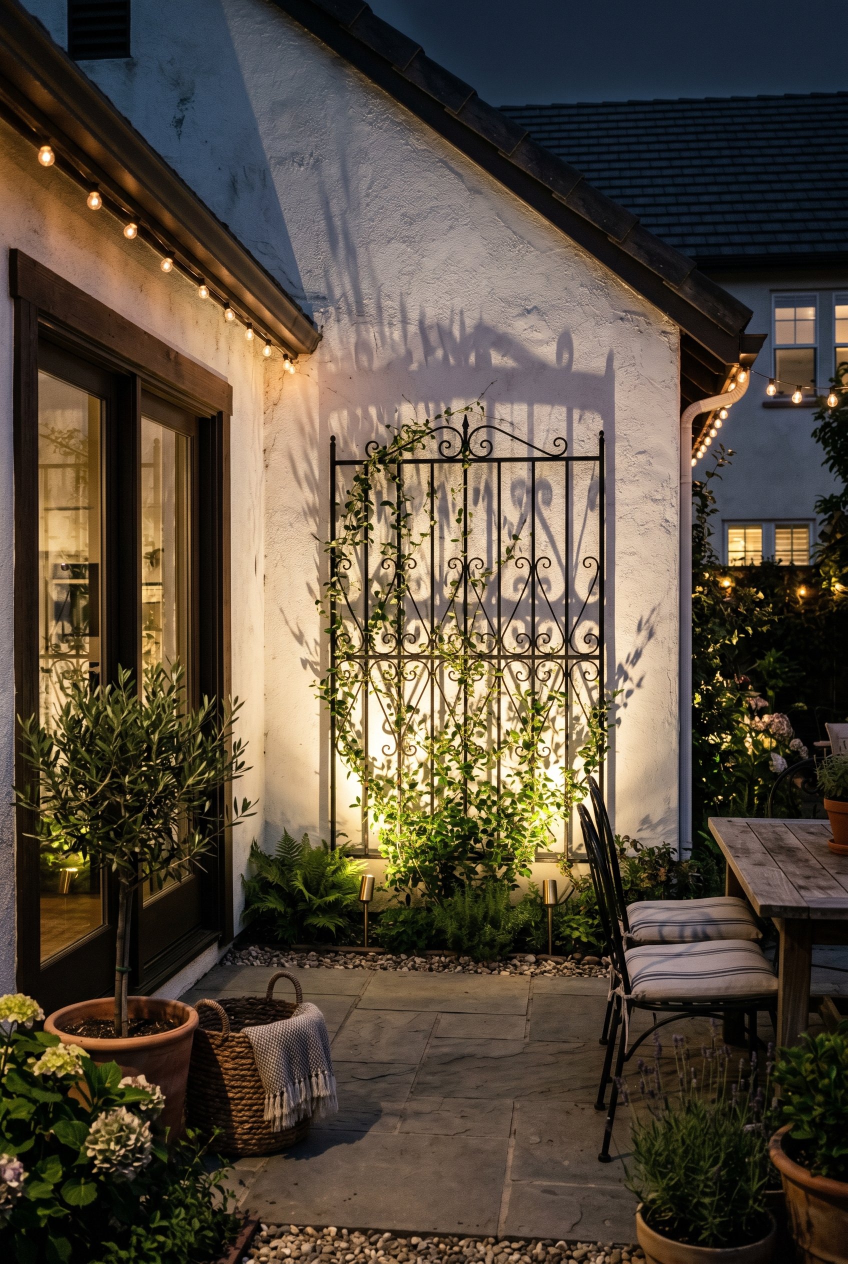 Photorealistic exterior patio photo. Black wrought iron trellis illuminated by two brass low-voltage uplights at the base, casting sharp geometric shadows on a white stucco wall behind it. Editorial p