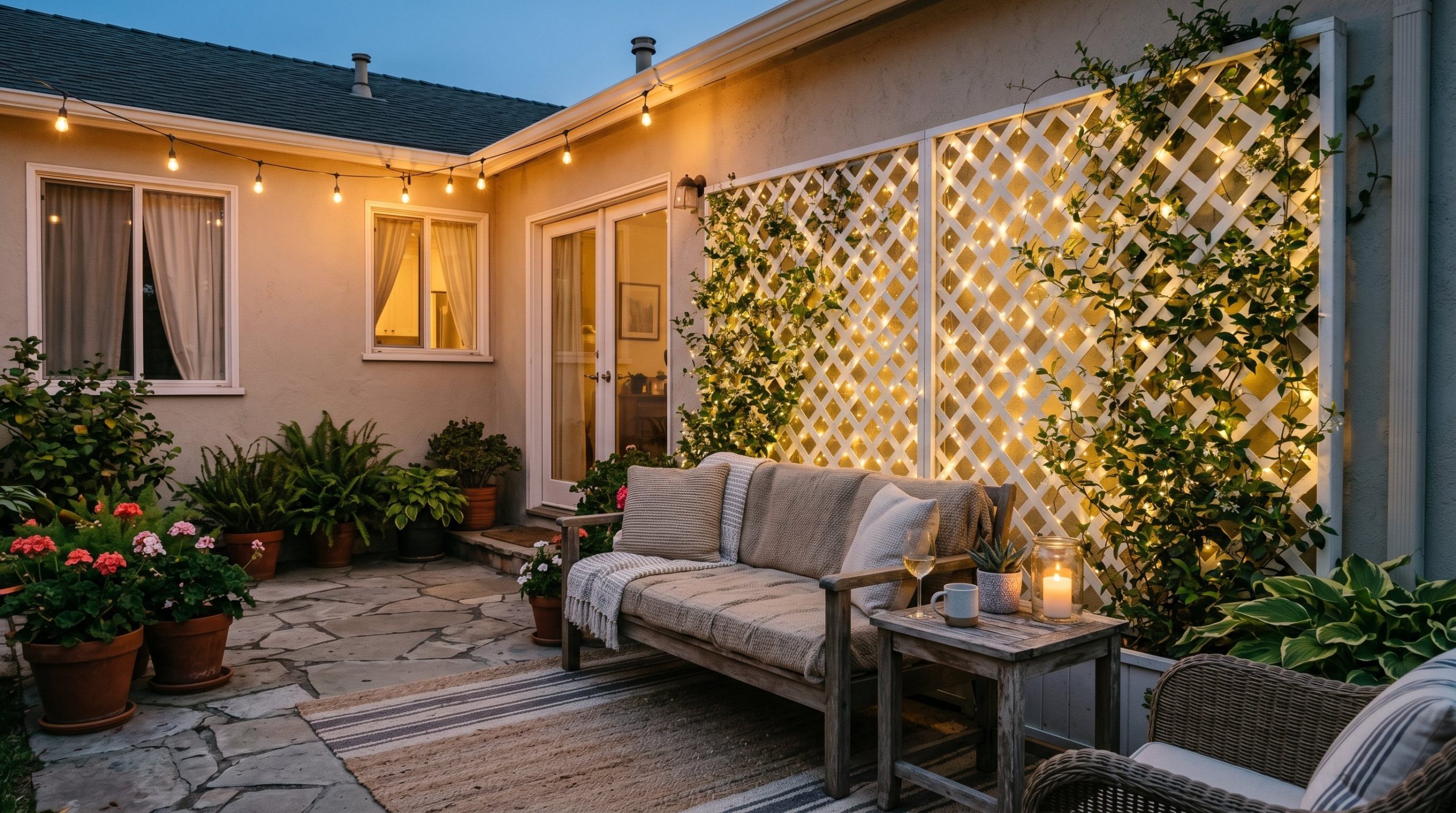 Photorealistic exterior patio photo. Classic white diamond wood lattice trellis tightly woven with warm white micro fairy lights on clear wire. Editorial photography style, evening dusk lighting, no p