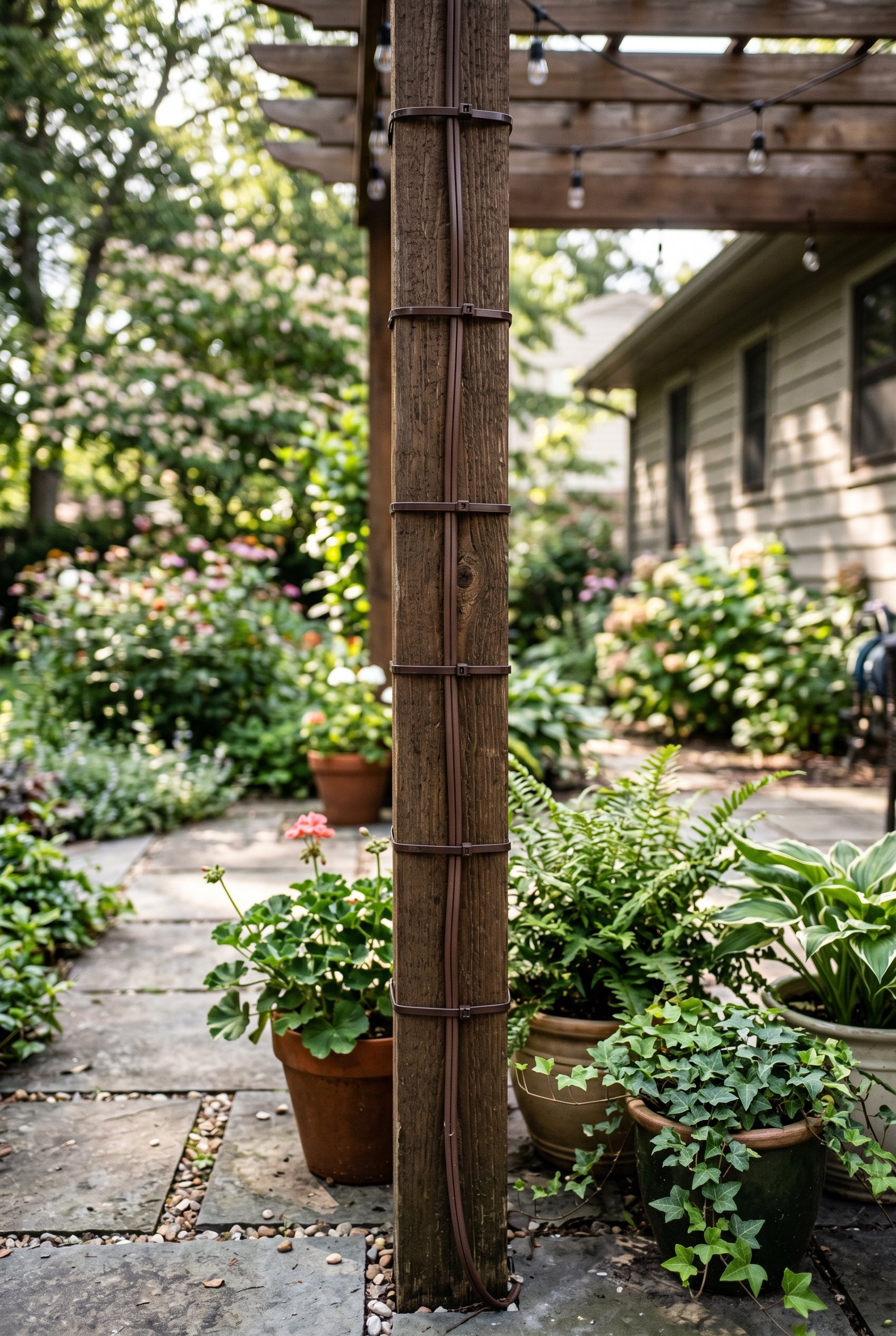 Photorealistic exterior patio photo. Close-up of a dark brown cedar trellis vertical post with a brown power cord seamlessly hidden behind it using brown zip ties. Editorial photography style, shallow