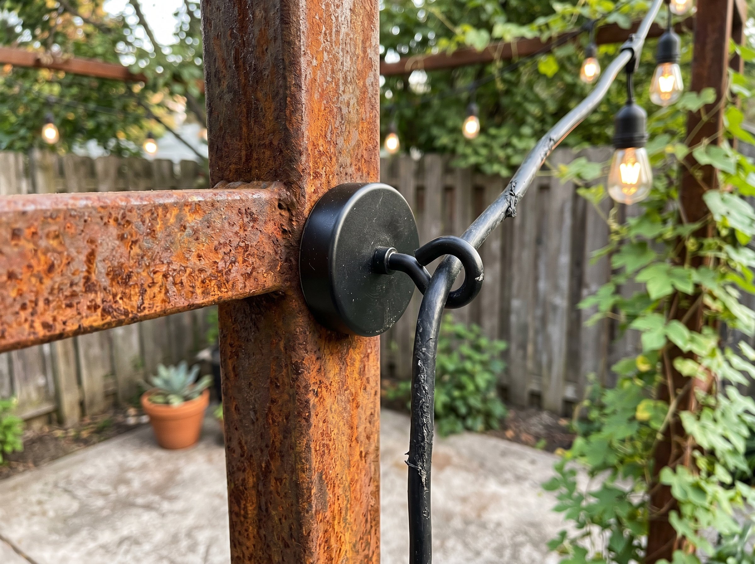 Photorealistic exterior patio photo. Close-up of a heavy-duty black magnetic hook attached to a rusted Corten steel trellis, holding a thick black bistro light wire. Editorial photography style, macro