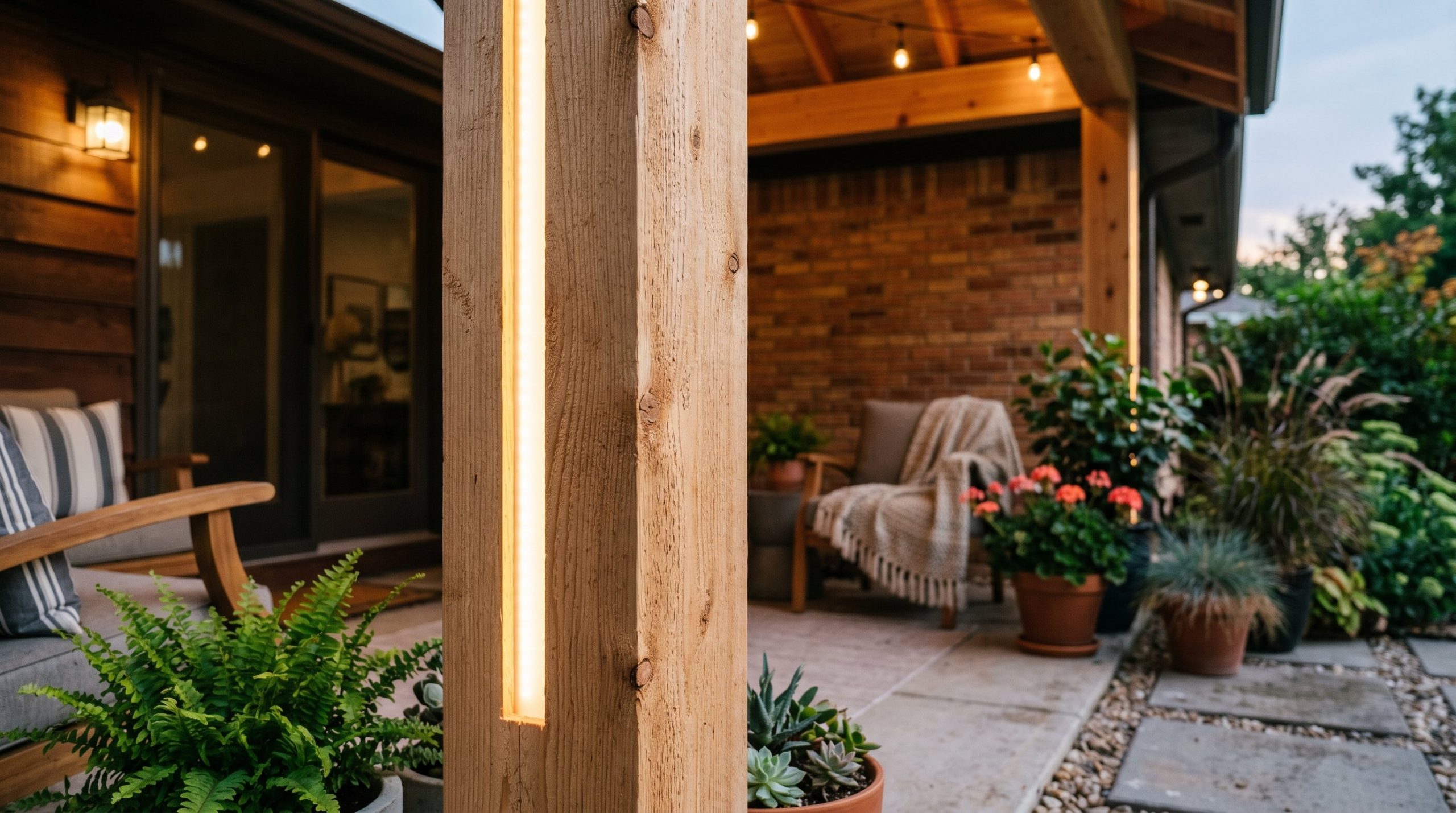Photorealistic exterior patio photo. Close-up of a raw cedar 2x2 wood post with a perfectly flush, routed frosted LED light channel glowing warmly. Editorial photography style, modern architectural de