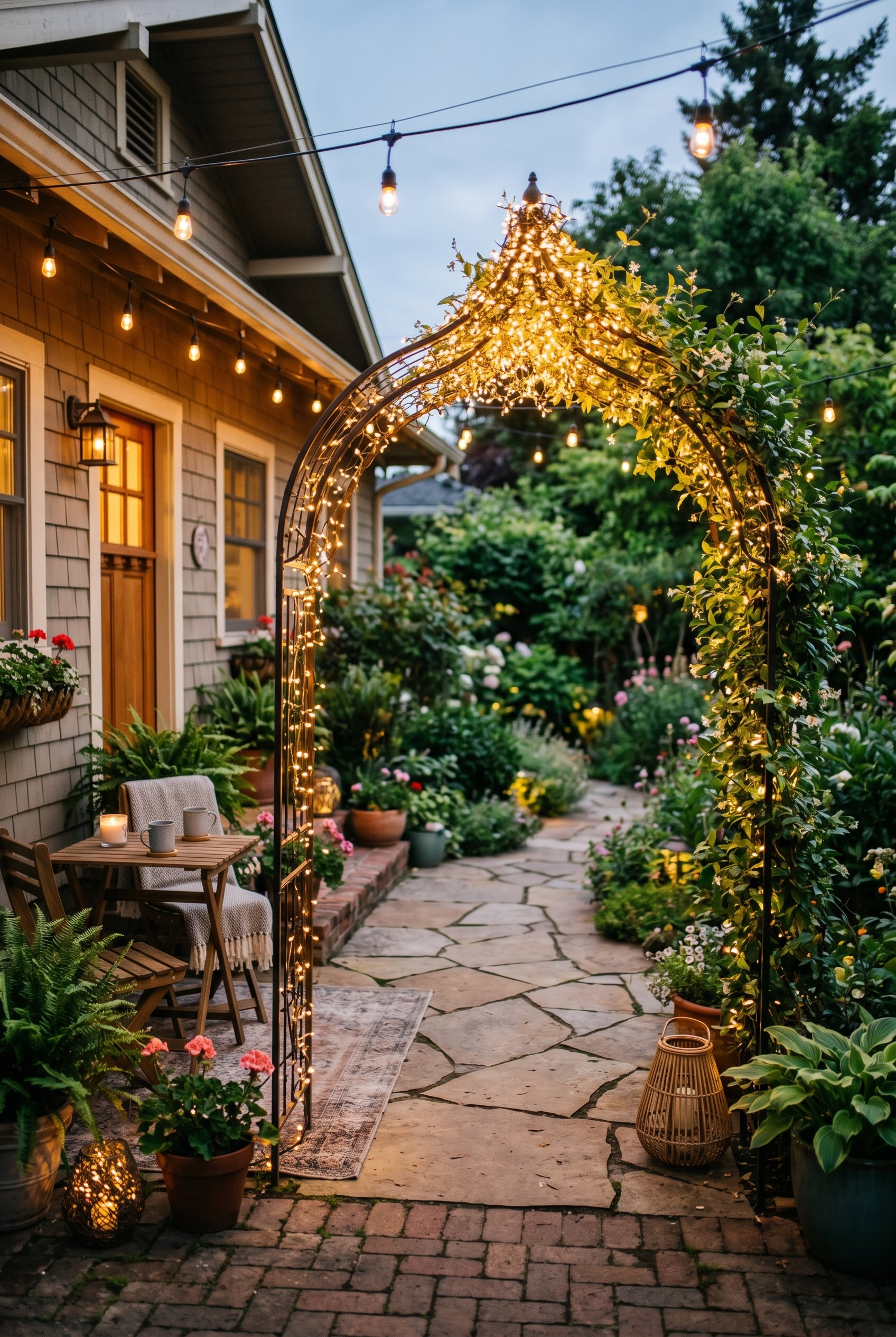 Photorealistic exterior patio photo. Curved metal garden arch trellis densely packed with warm fairy lights at the very top apex, tapering off down the sides. Editorial photography style, magical gard