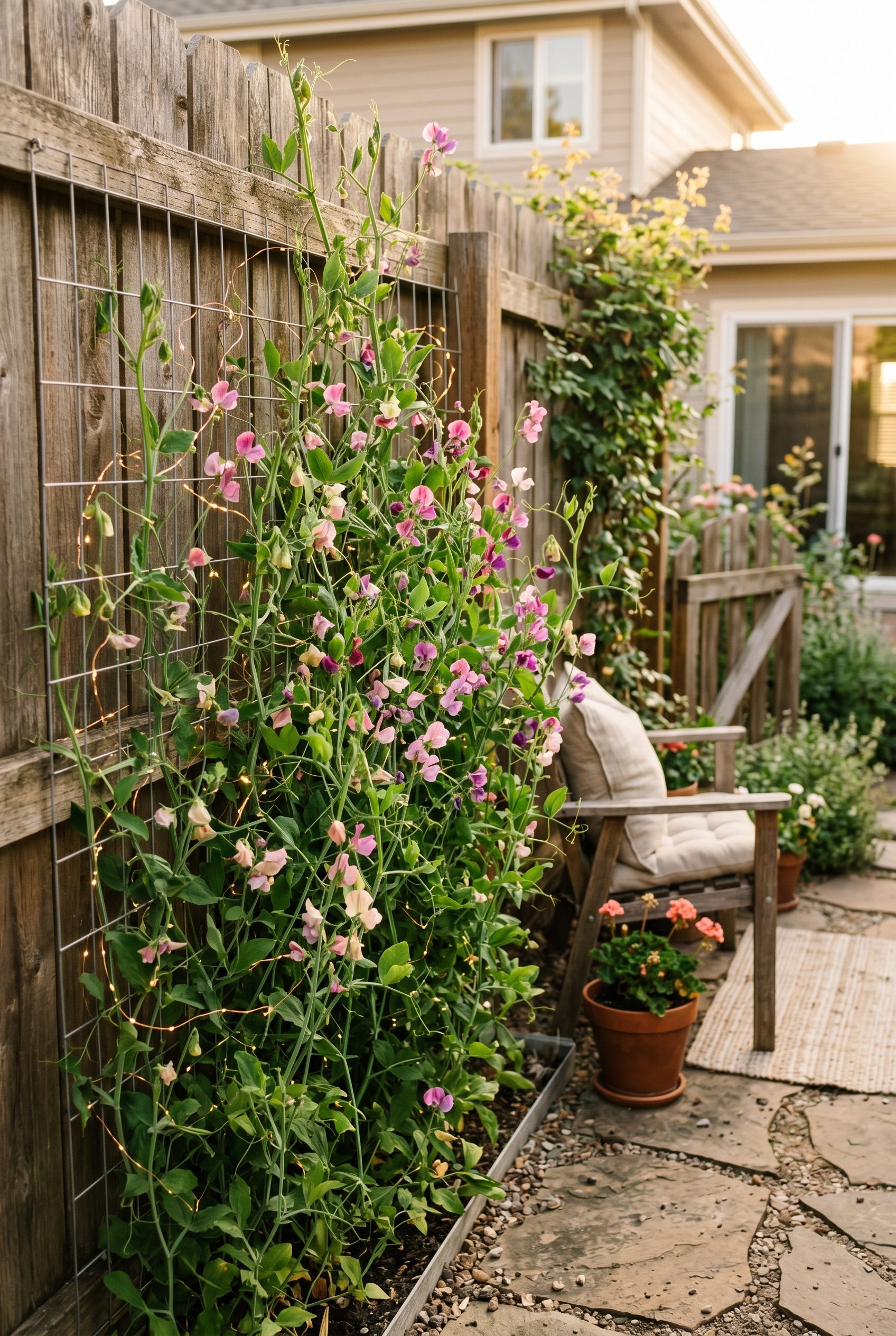 Photorealistic exterior patio photo. Delicate green sweet pea vines climbing a wire trellis, intertwined with tiny copper wire cool-touch LED lights. Editorial photography style, golden hour, no peopl