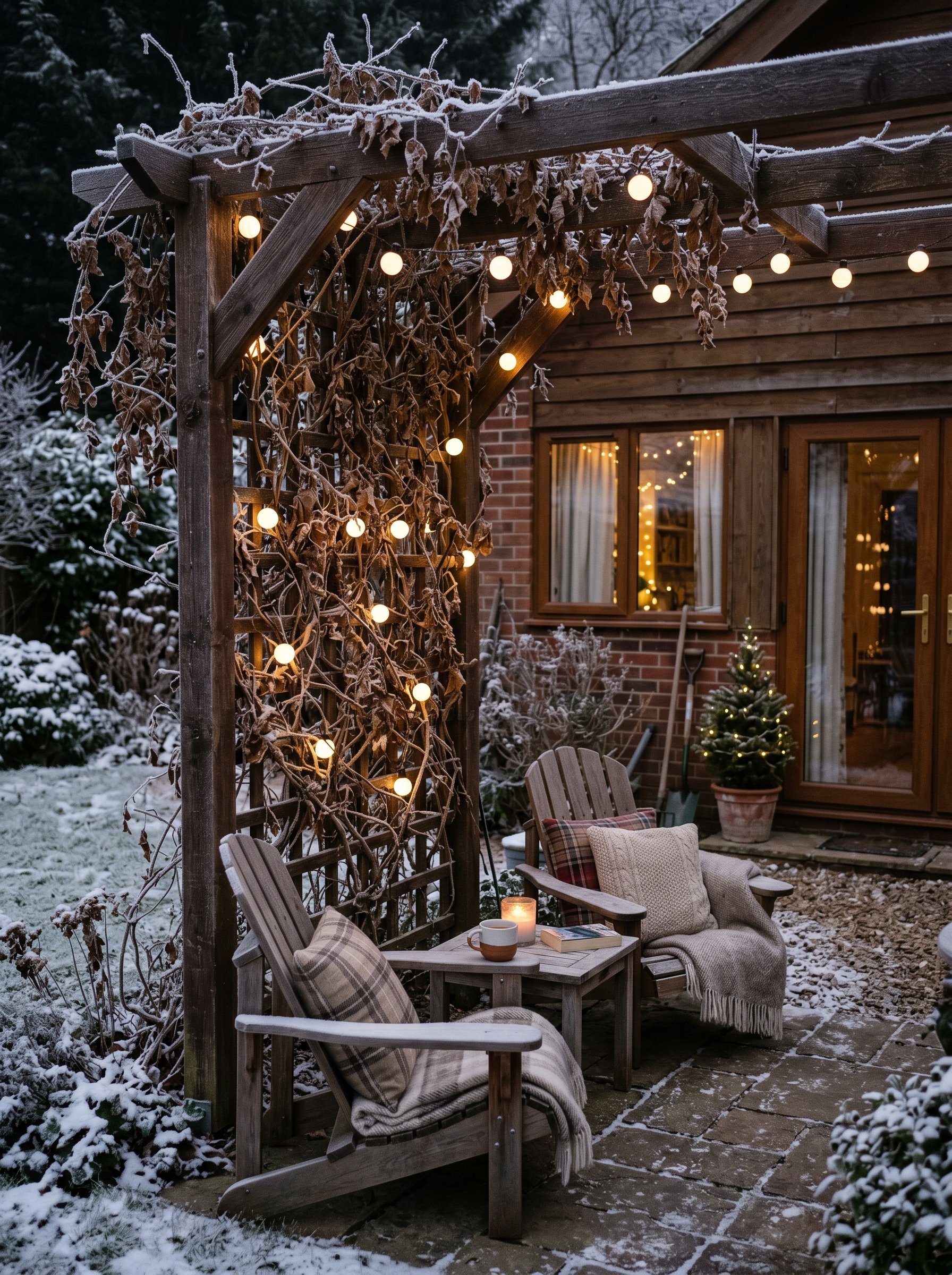 Photorealistic exterior patio photo. Dormant, dry brown winter vines on a rustic wood trellis, safely illuminated by small, modern 12V LED globe lights. Editorial photography style, frosty winter even