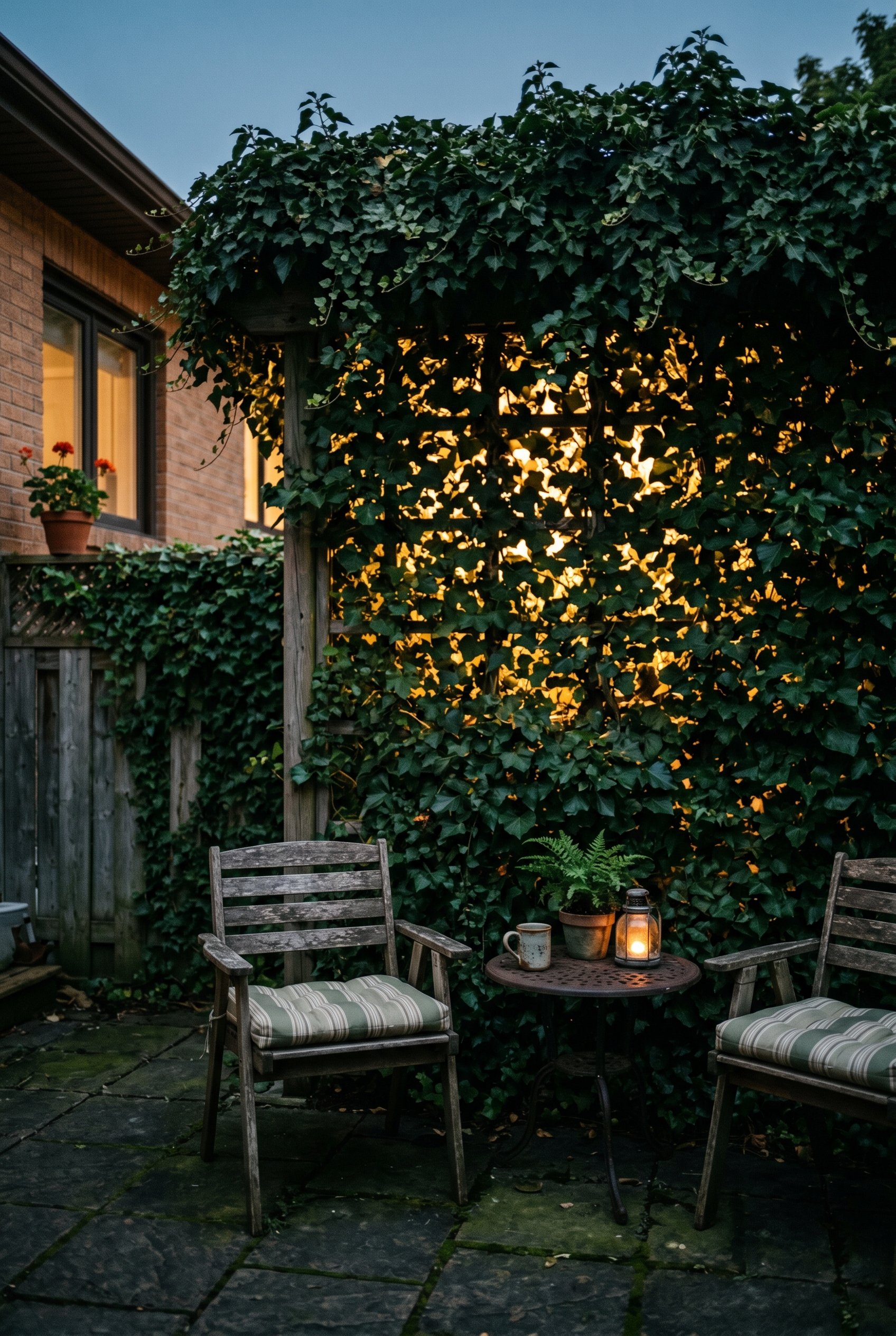 Photorealistic exterior patio photo. Extremely dense dark green English ivy covering a trellis, silhouetted by bright warm light punching through the leaves from behind. Editorial photography style, m