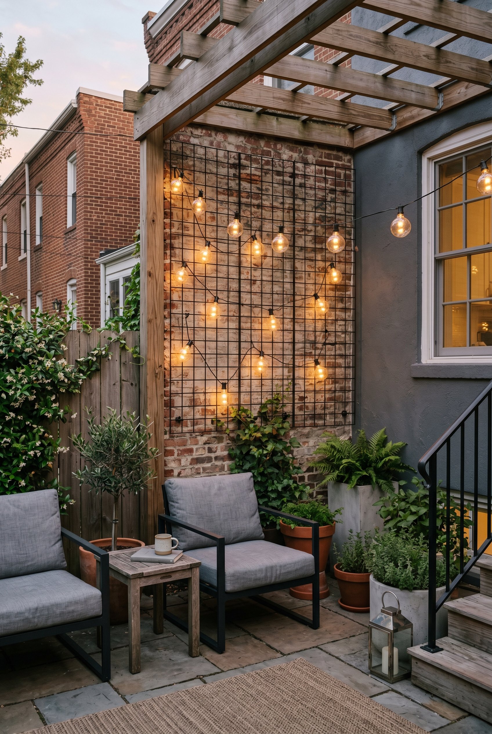 Photorealistic exterior patio photo. Minimalist black grid wire trellis featuring oversized, round glass G40 globe bulbs suspended across it. Editorial photography style, industrial chic, no people vi