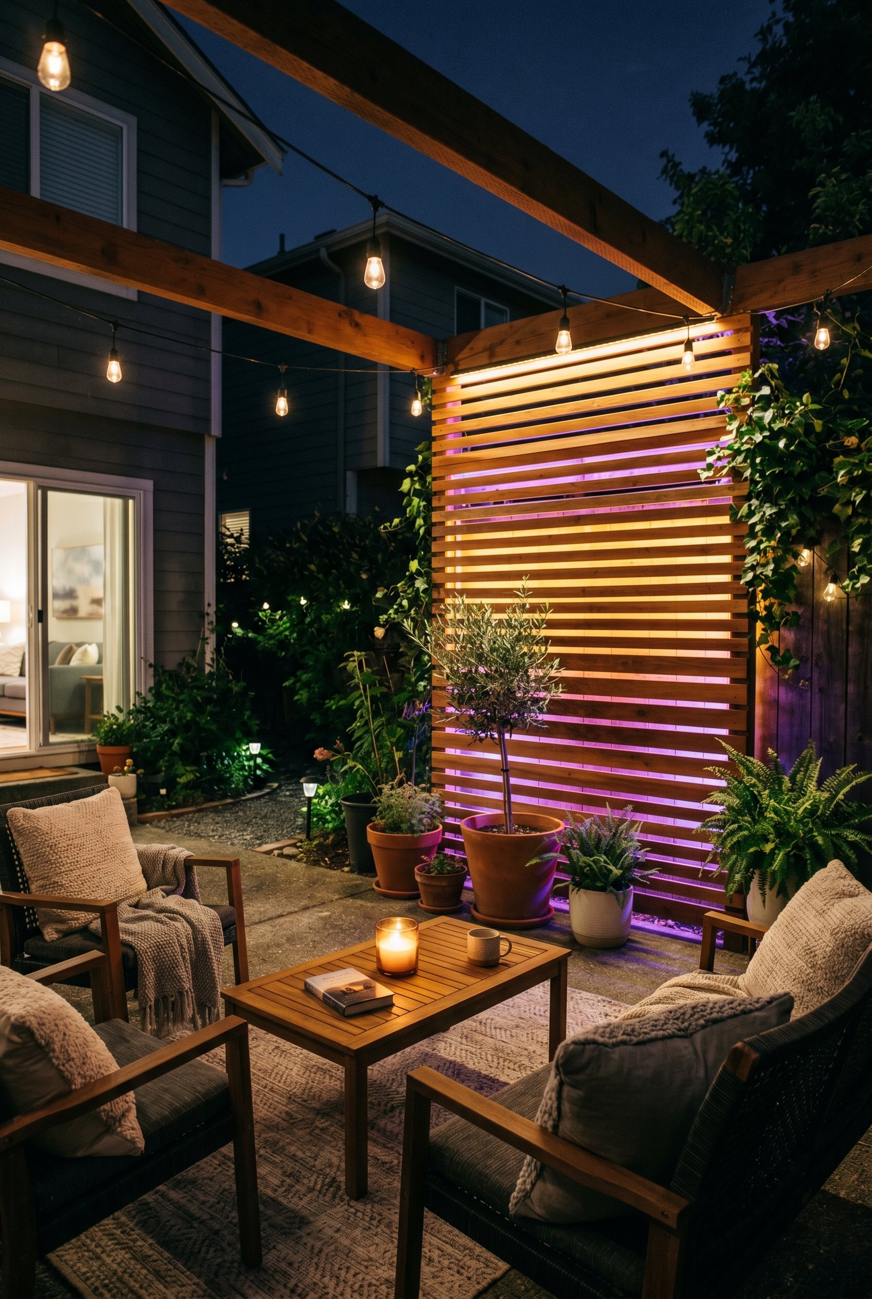 Photorealistic exterior patio photo. Modern horizontal slat wood trellis back-lit with a vibrant warm amber and purple LED wash glowing from behind. Editorial photography style, night time lighting, n
