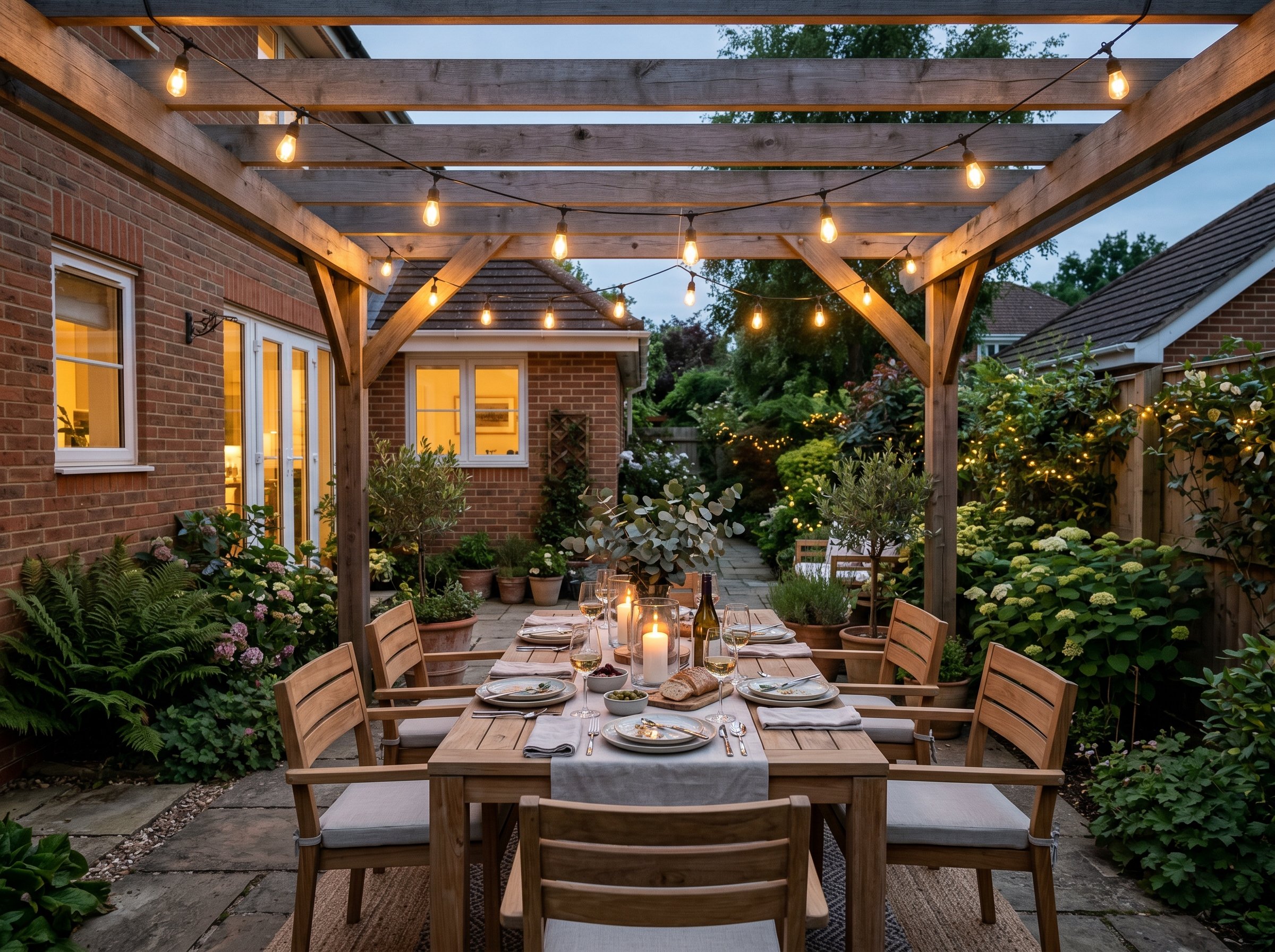 Photorealistic exterior patio photo. Overhead wood pergola trellis draped with swooping heavy-duty Edison bulb string lights over a West Elm teak dining table. Editorial photography style, evening par