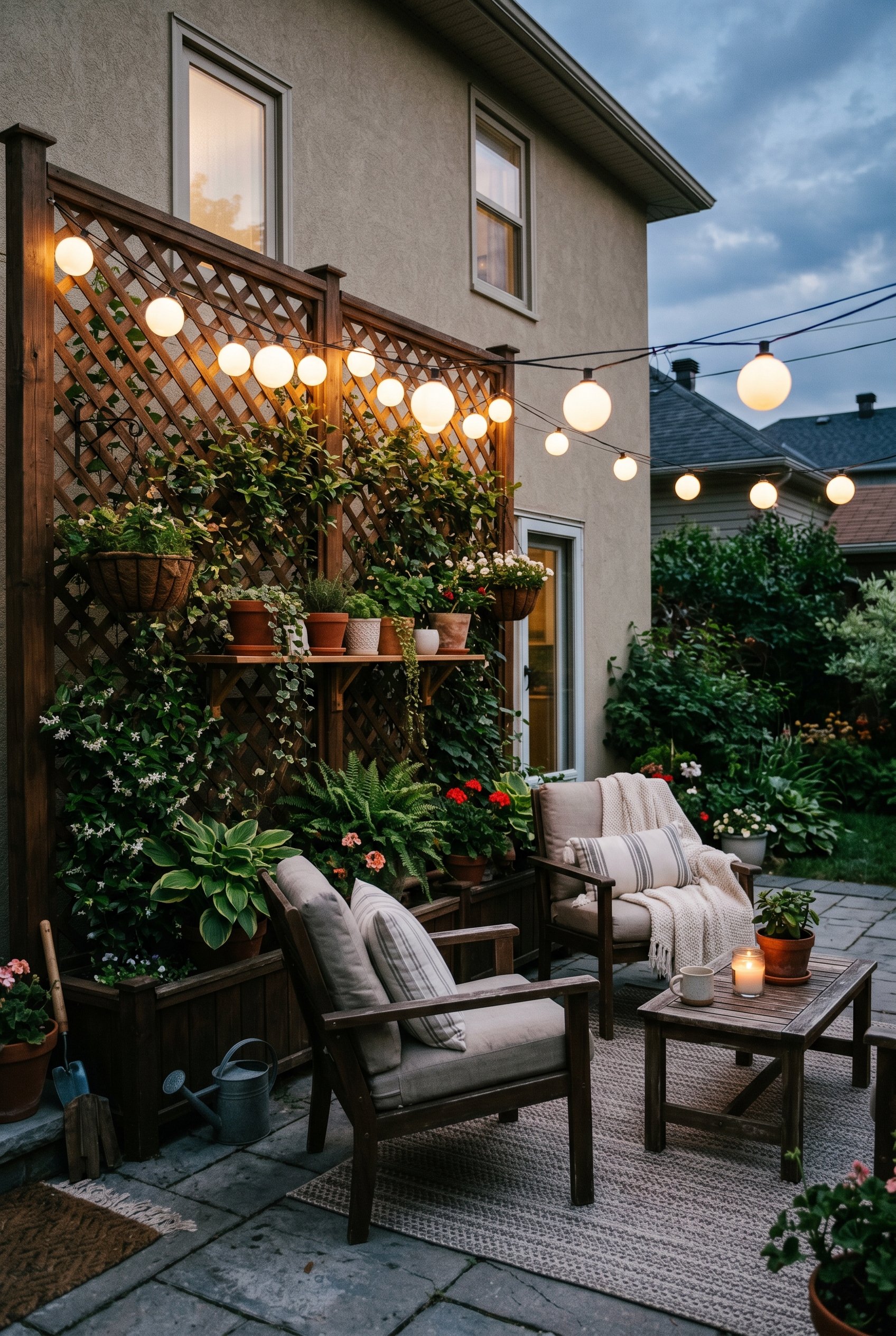 Photorealistic exterior patio photo. Tall wood privacy lattice trellis softly illuminated by frosted white globe lanterns, creating a diffused, glare-free glow. Editorial photography style, peaceful e