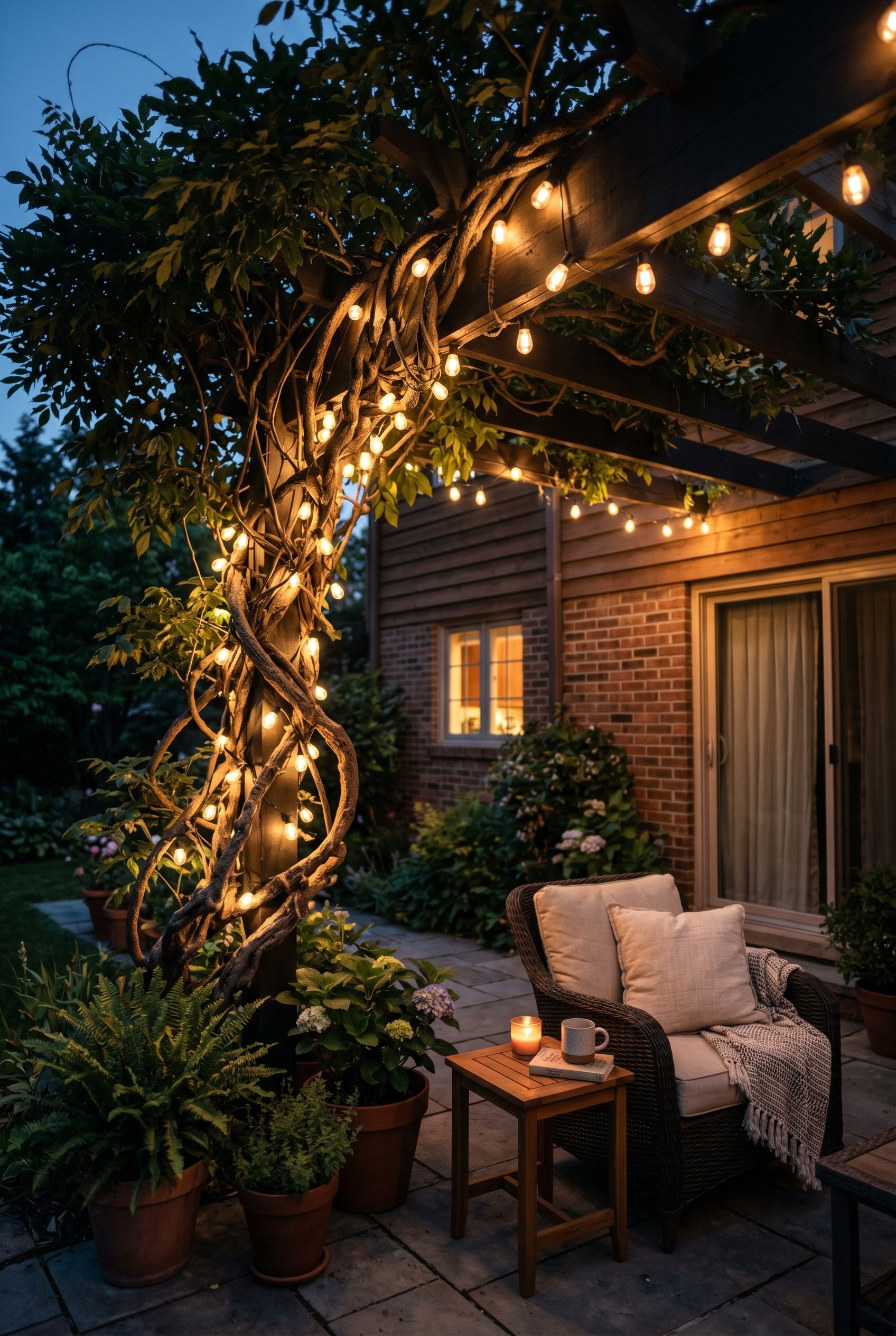 Photorealistic exterior patio photo. Thick woody wisteria vines tightly wrapped in warm commercial-grade string lights, ignoring the wooden pergola structure behind it. Editorial photography style, co