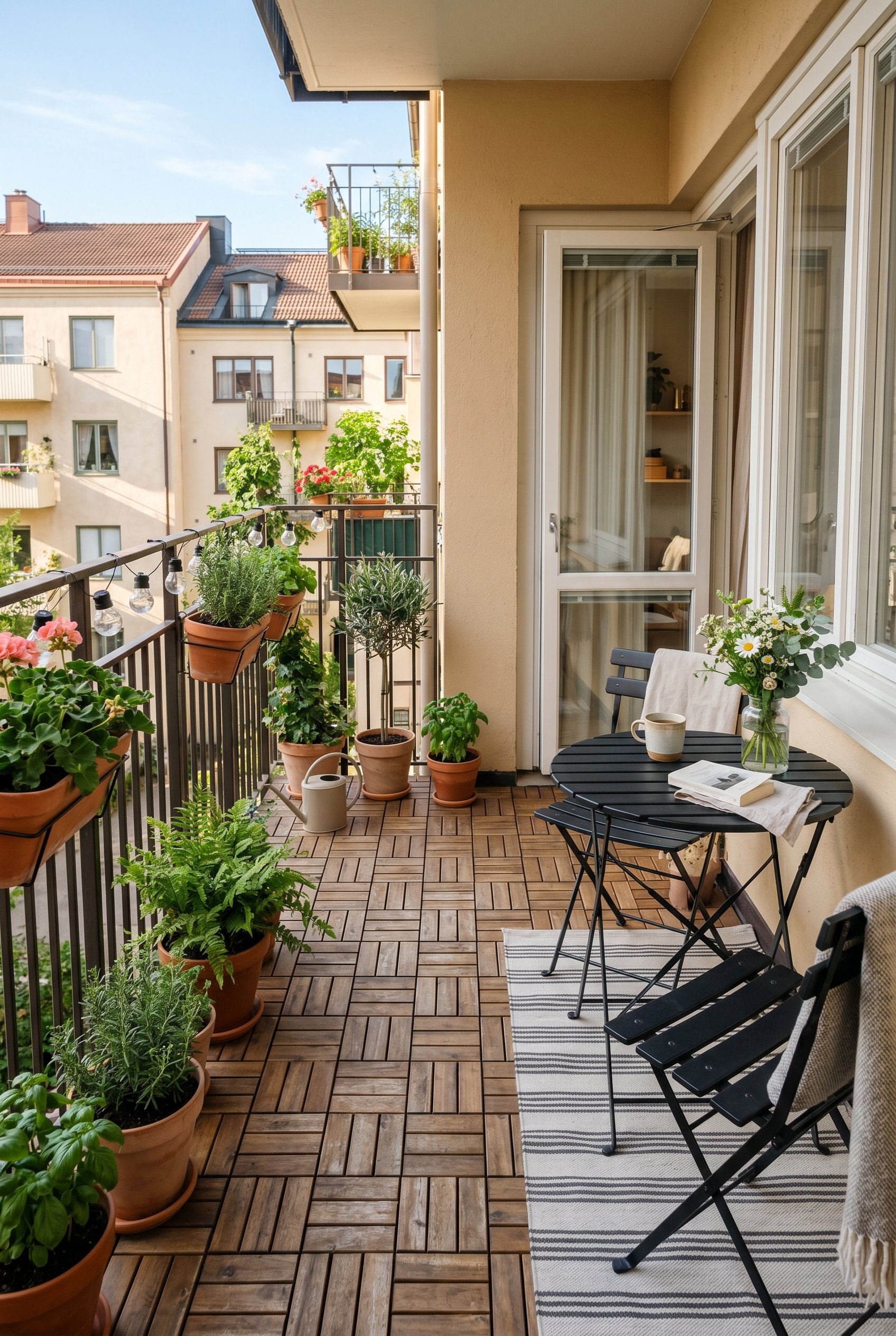 Photorealistic exterior photo. Balcony covered in snap-together wooden IKEA deck tiles, small bistro set, bright morning sunlight, wide angle. Editorial photography style, no people visible.