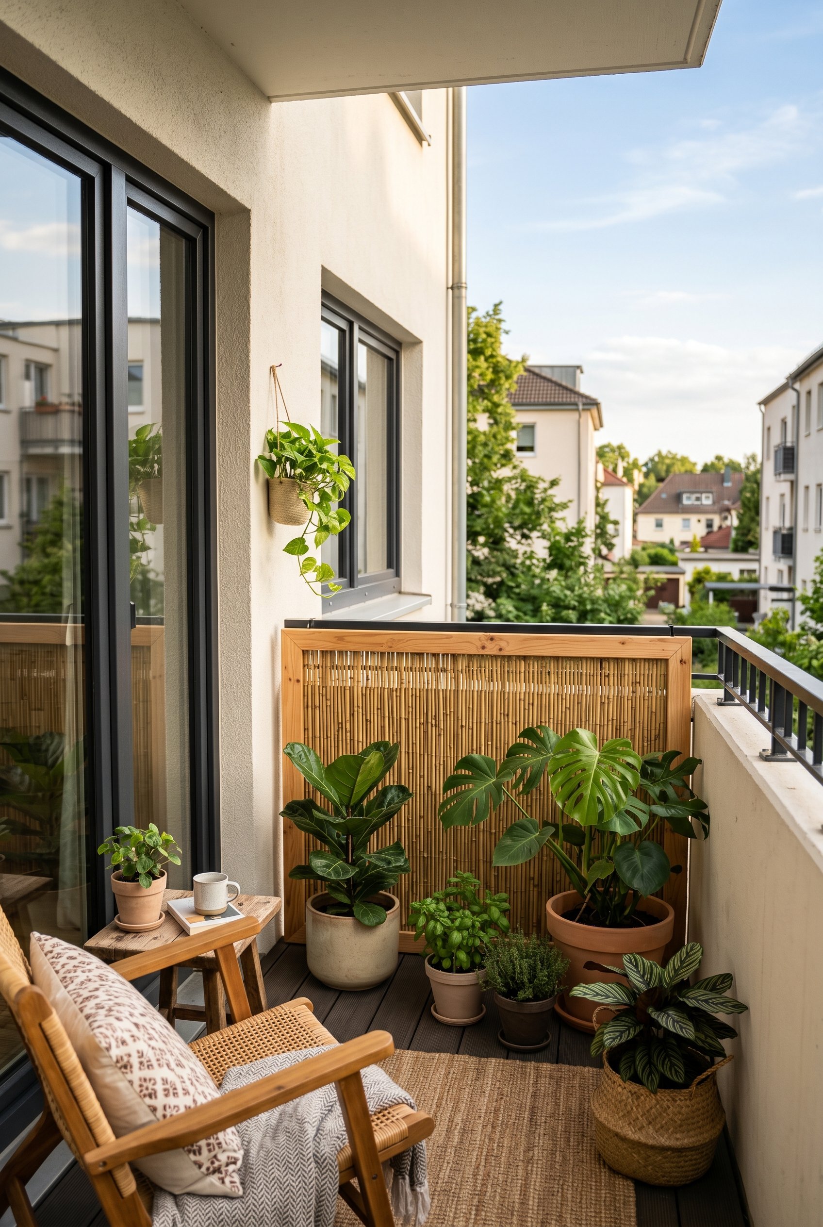Photorealistic exterior photo. Bamboo reed roll neatly framed in warm pine wood, attached to a modern balcony railing. Lush potted plants nearby. Warm natural lighting, editorial photography style, no
