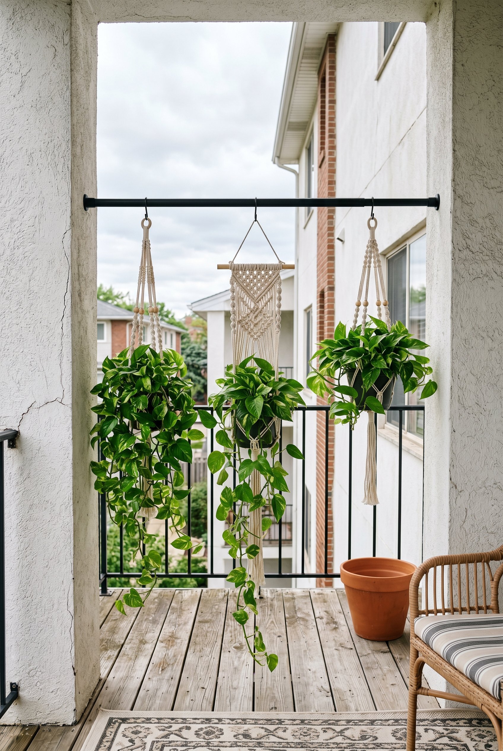 Photorealistic exterior photo. Black metal tension rod wedged between two white stucco balcony walls, holding three hanging macrame planters with trailing green pothos plants. Bright diffused sunlight