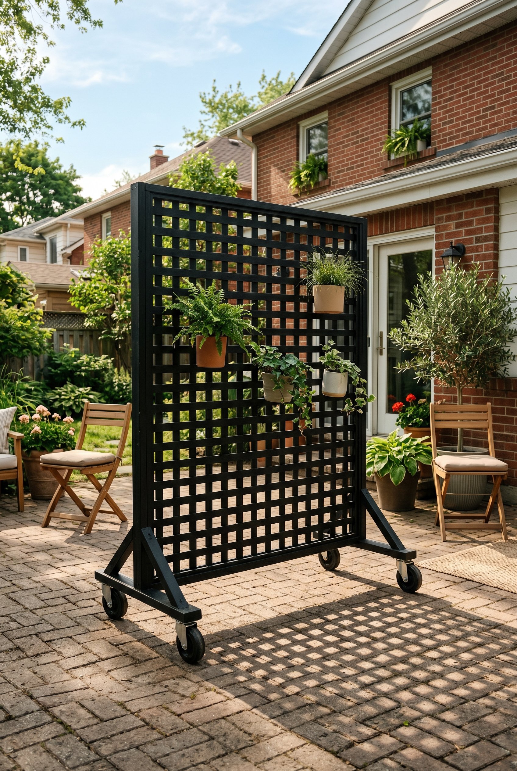 Photorealistic exterior photo. Black painted square wood lattice panel mounted on heavy caster wheels on a brick patio. Minimalist outdoor decor. Sunlight casting geometric shadows, editorial photogra